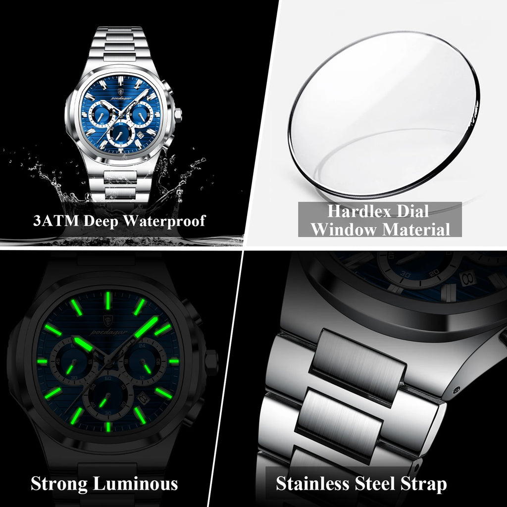 Square Chronograph Watch – Luxe Leather Strap with Luminous Dial & Date