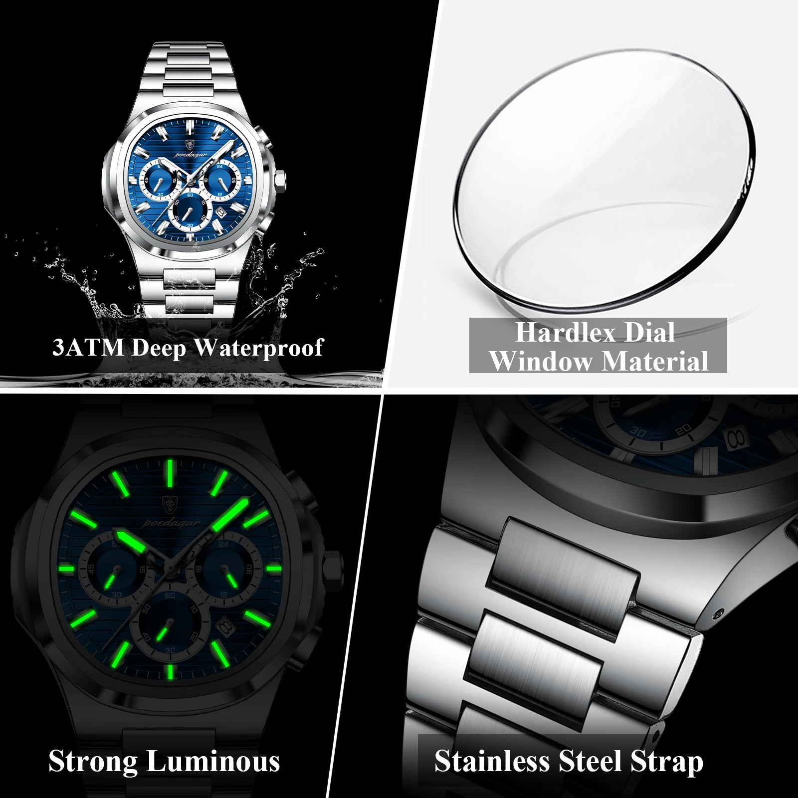 Square Chronograph Watch – Luxe Leather Strap with Luminous Dial & Date