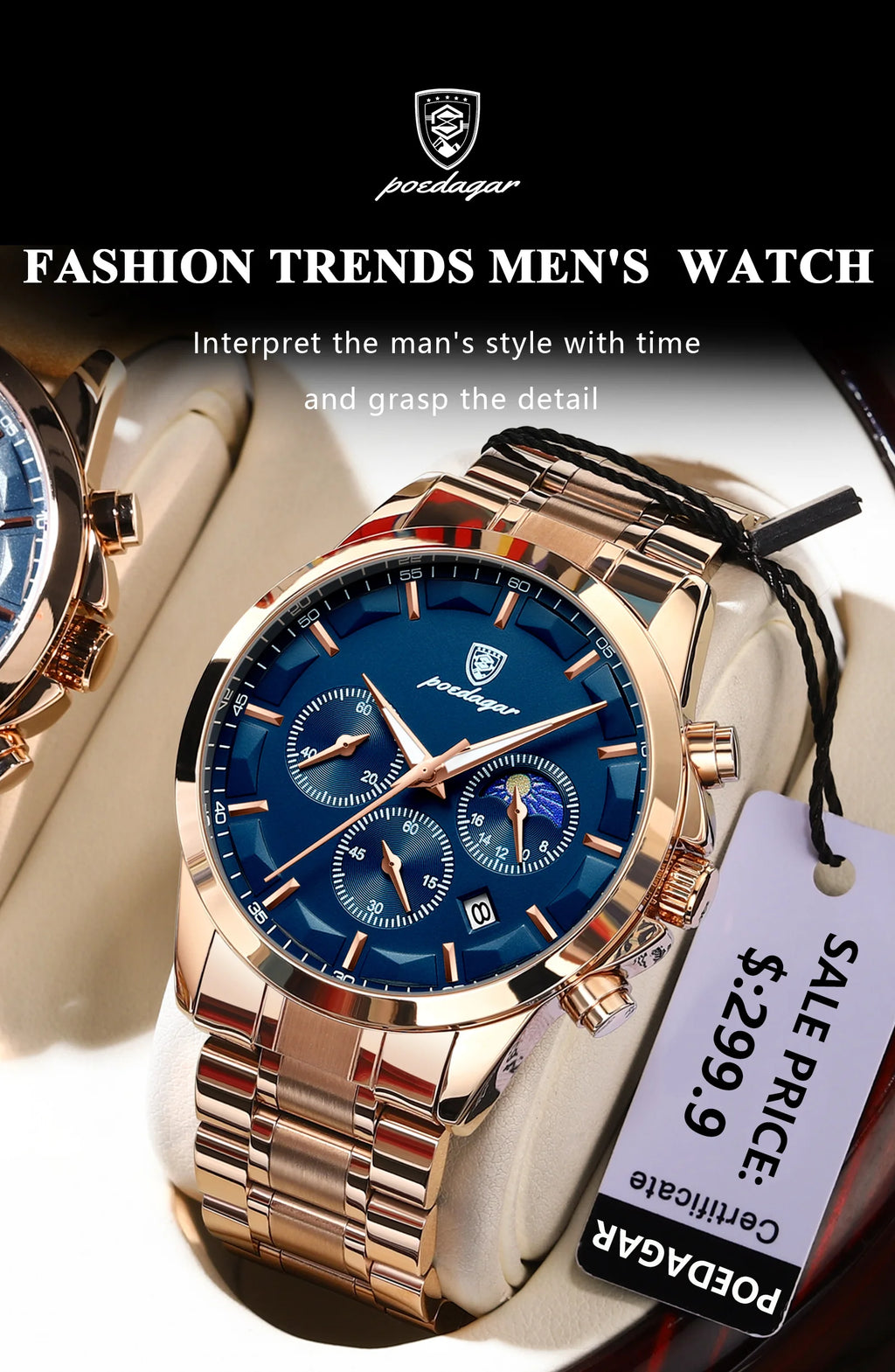 Moon Phase Full Calendar Watch – Luminous Dial with Stainless Steel Bracelet