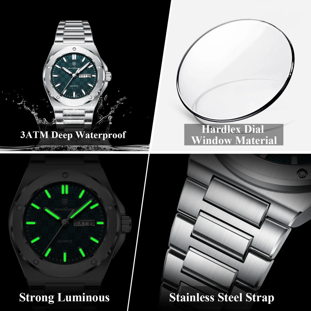 Full Calendar Business Watch – Luminous Stainless Steel with Hidden Clasp Bracelet