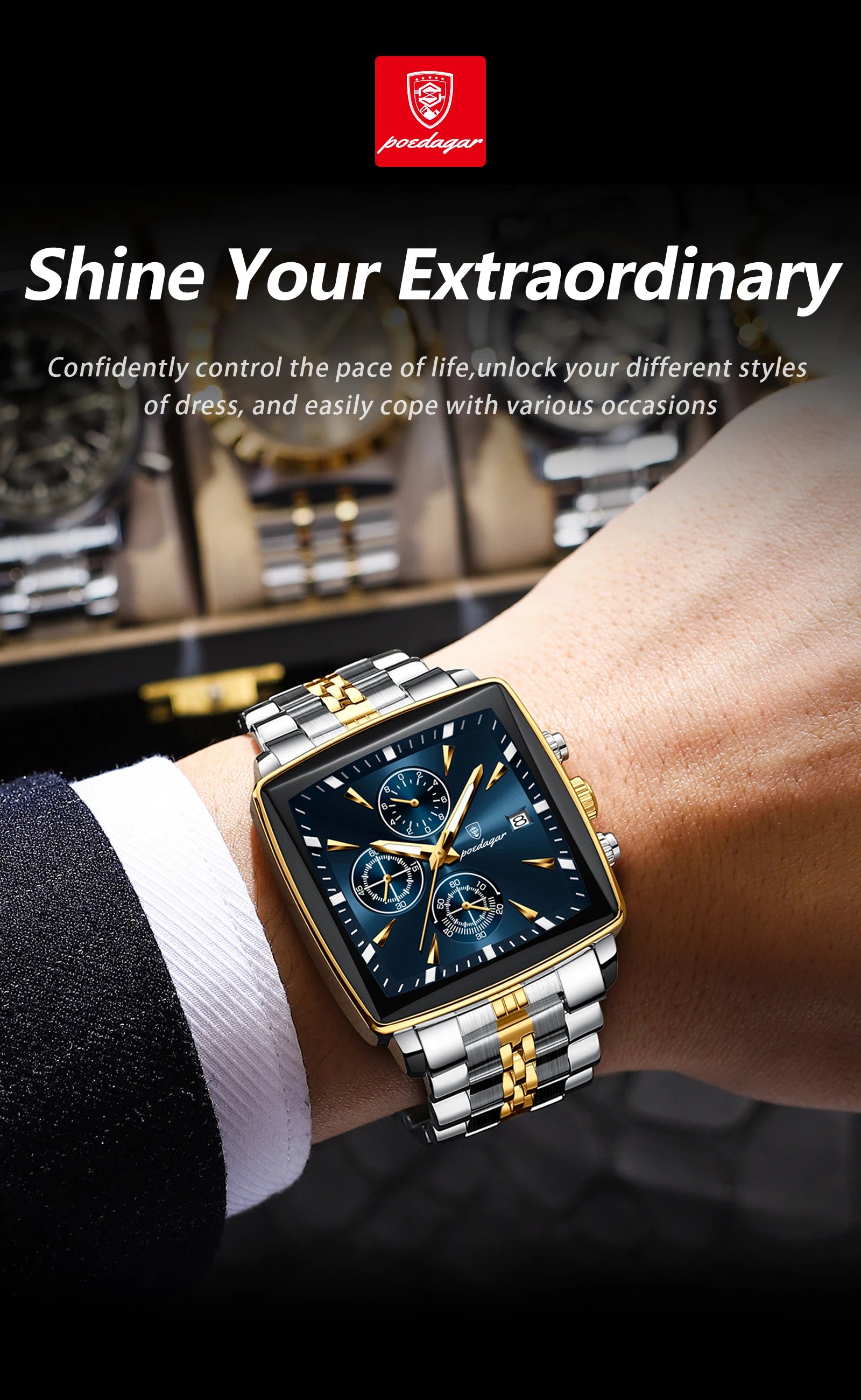 Square Chronograph Watch – Numberless Dial with Hidden Clasp Bracelet