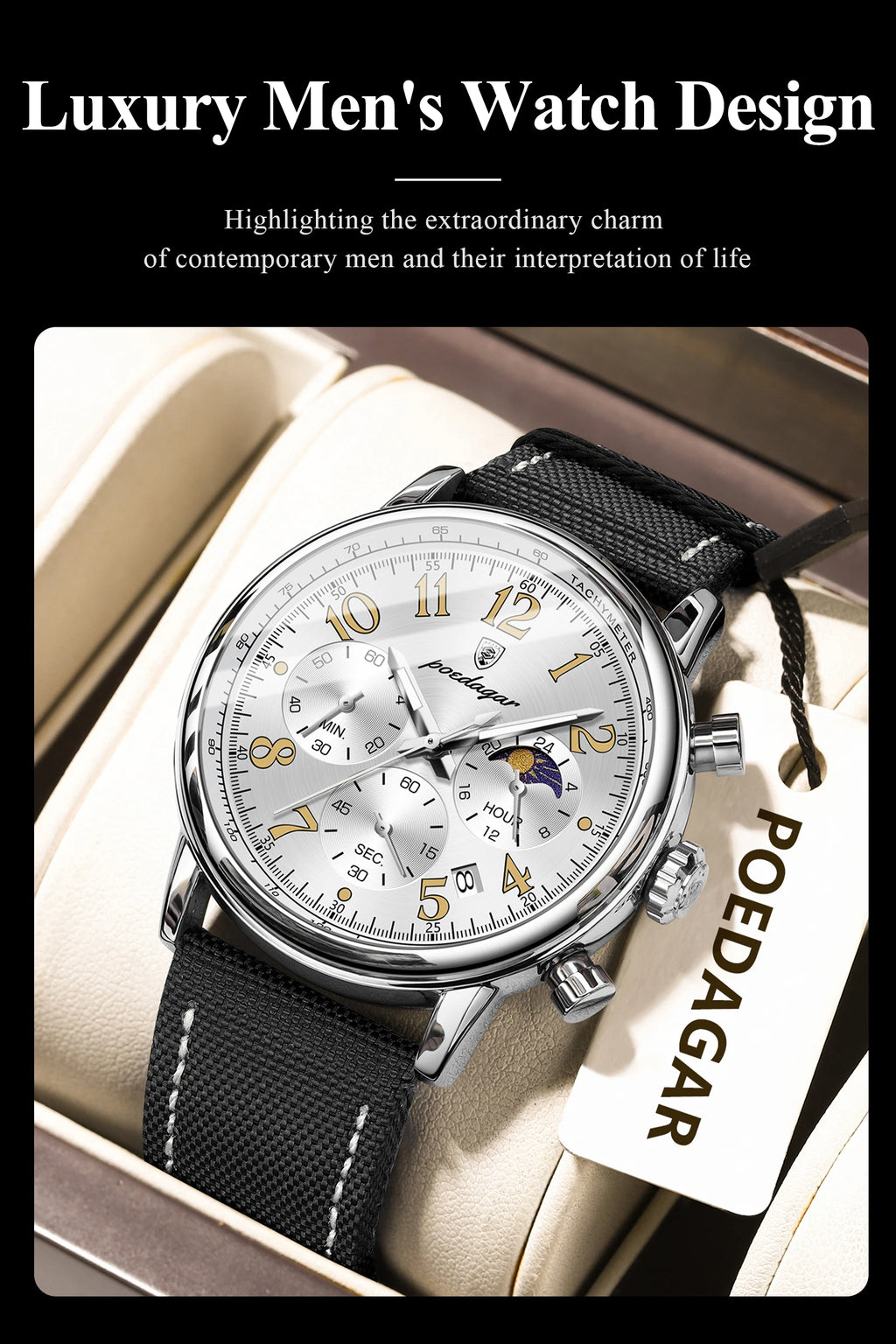 Classic Chronograph Watch – Luminous Arabic Dial with Nylon Strap