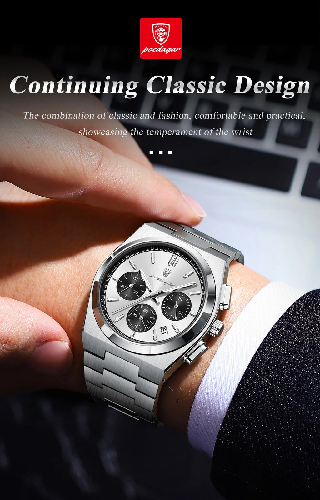 Chronograph Watch – Luminous Numberless Dial with Hidden Clasp