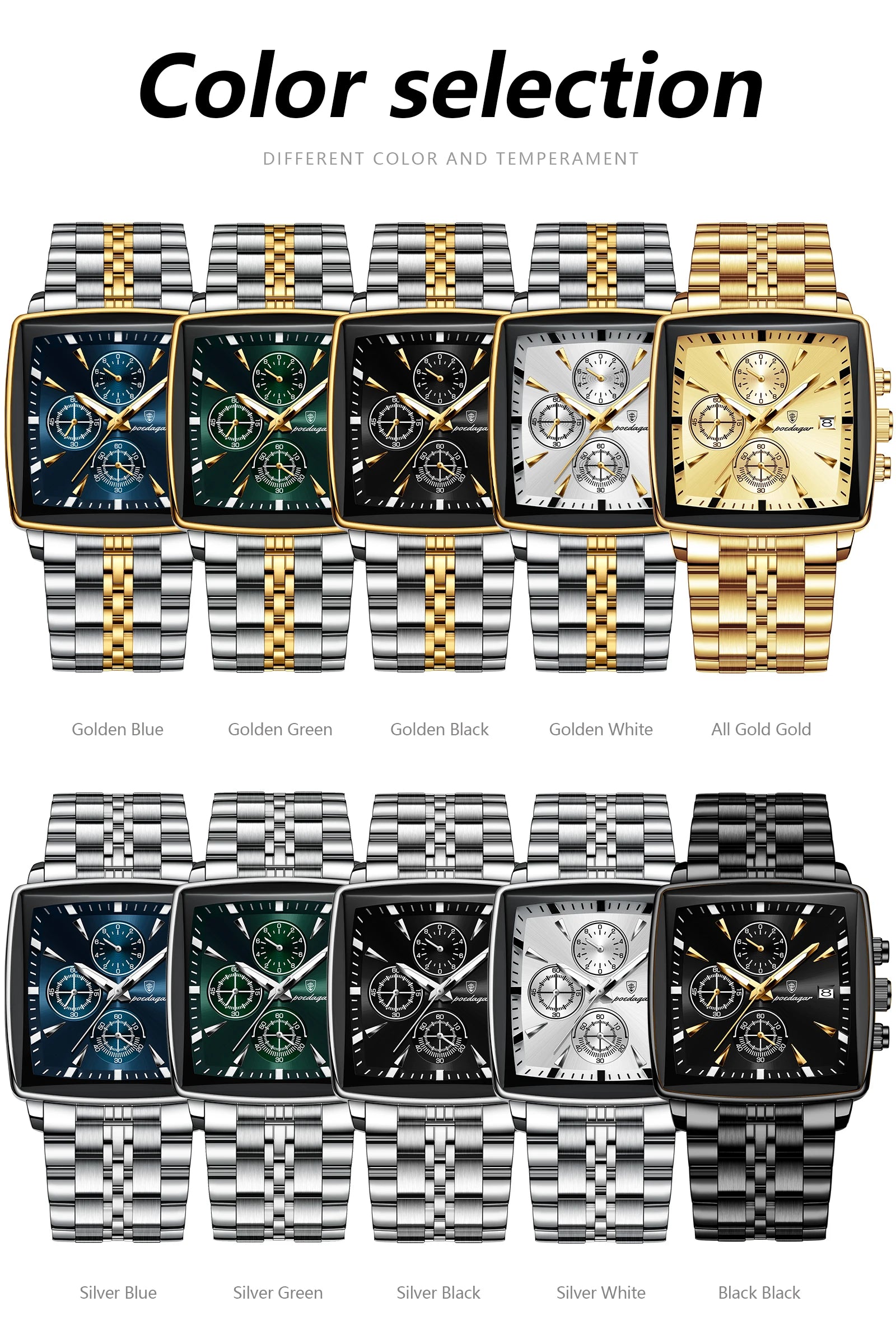 Square Chronograph Watch – Numberless Dial with Hidden Clasp Bracelet