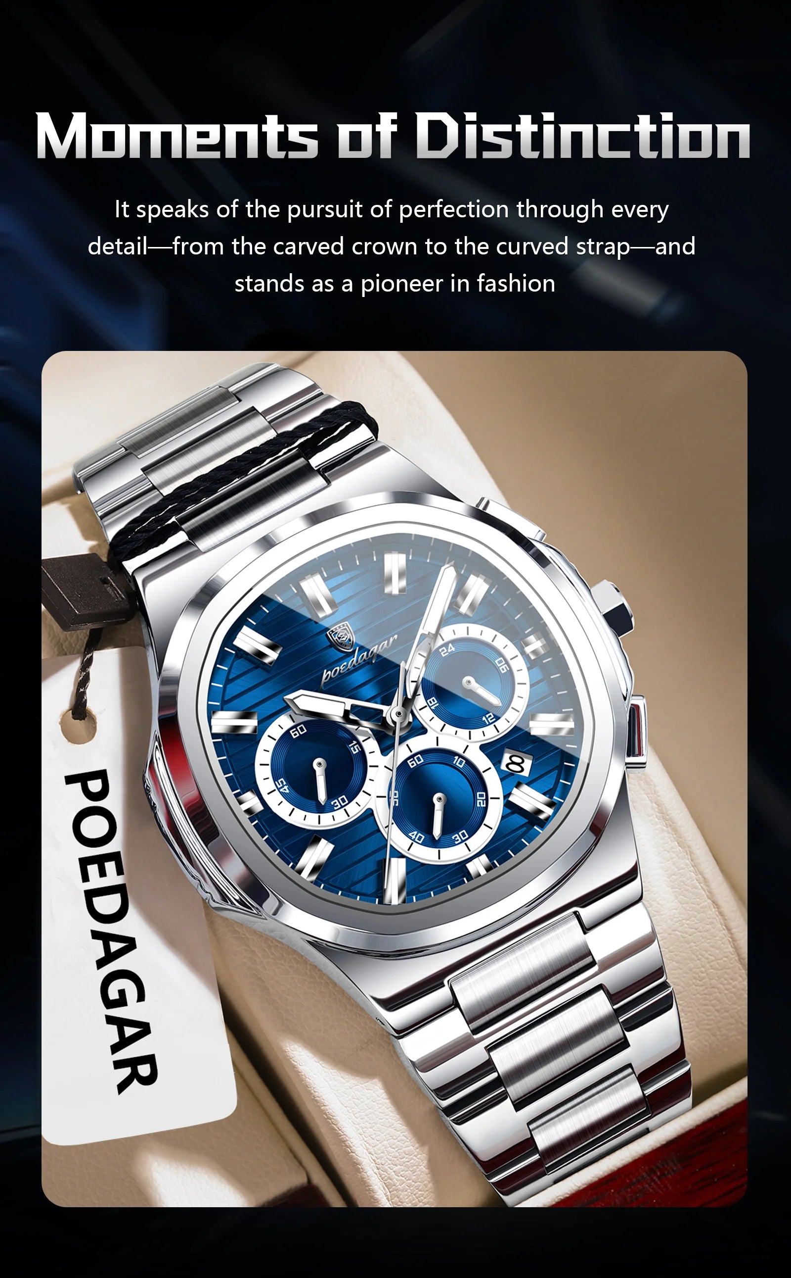 Square Chronograph Watch – Luxe Leather Strap with Luminous Dial & Date