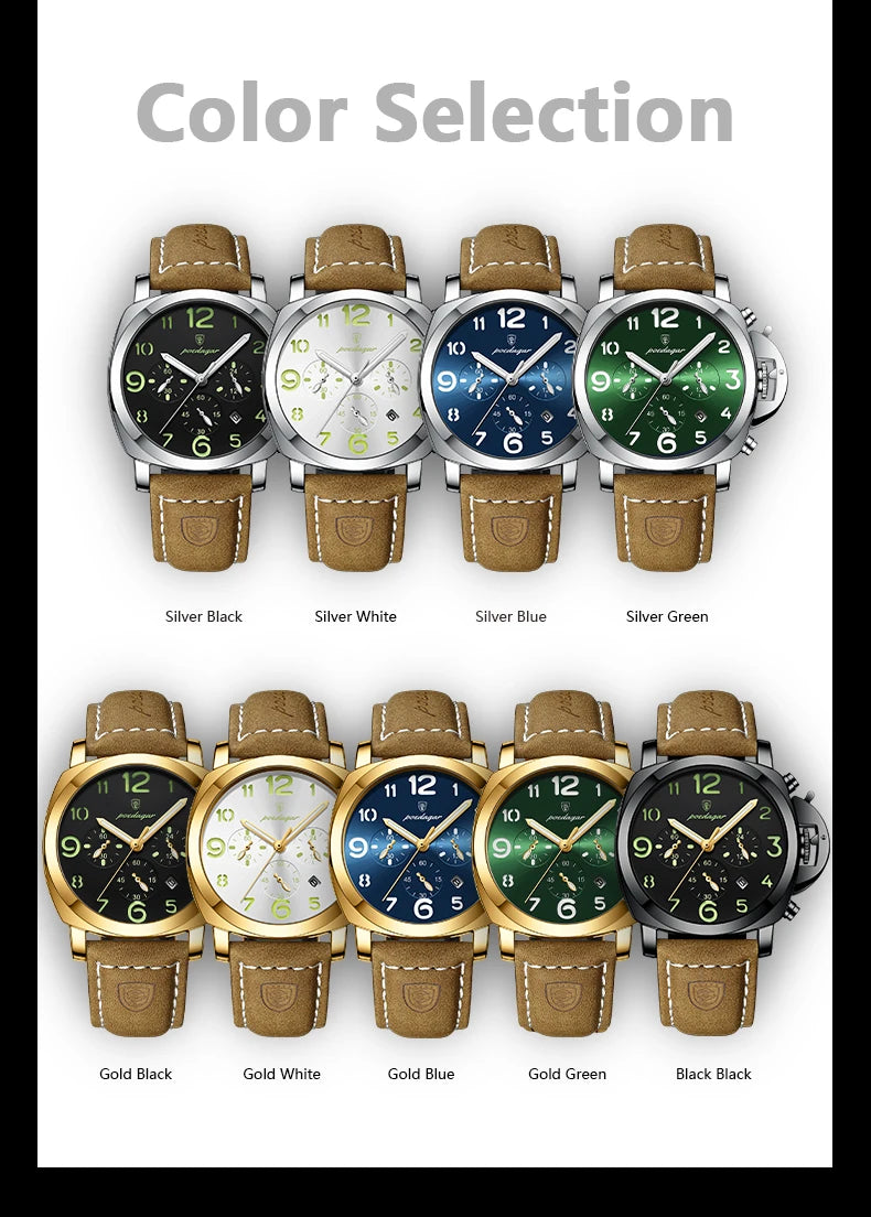 Military Style Chronograph Watch – Luminous Leather Strap with Date