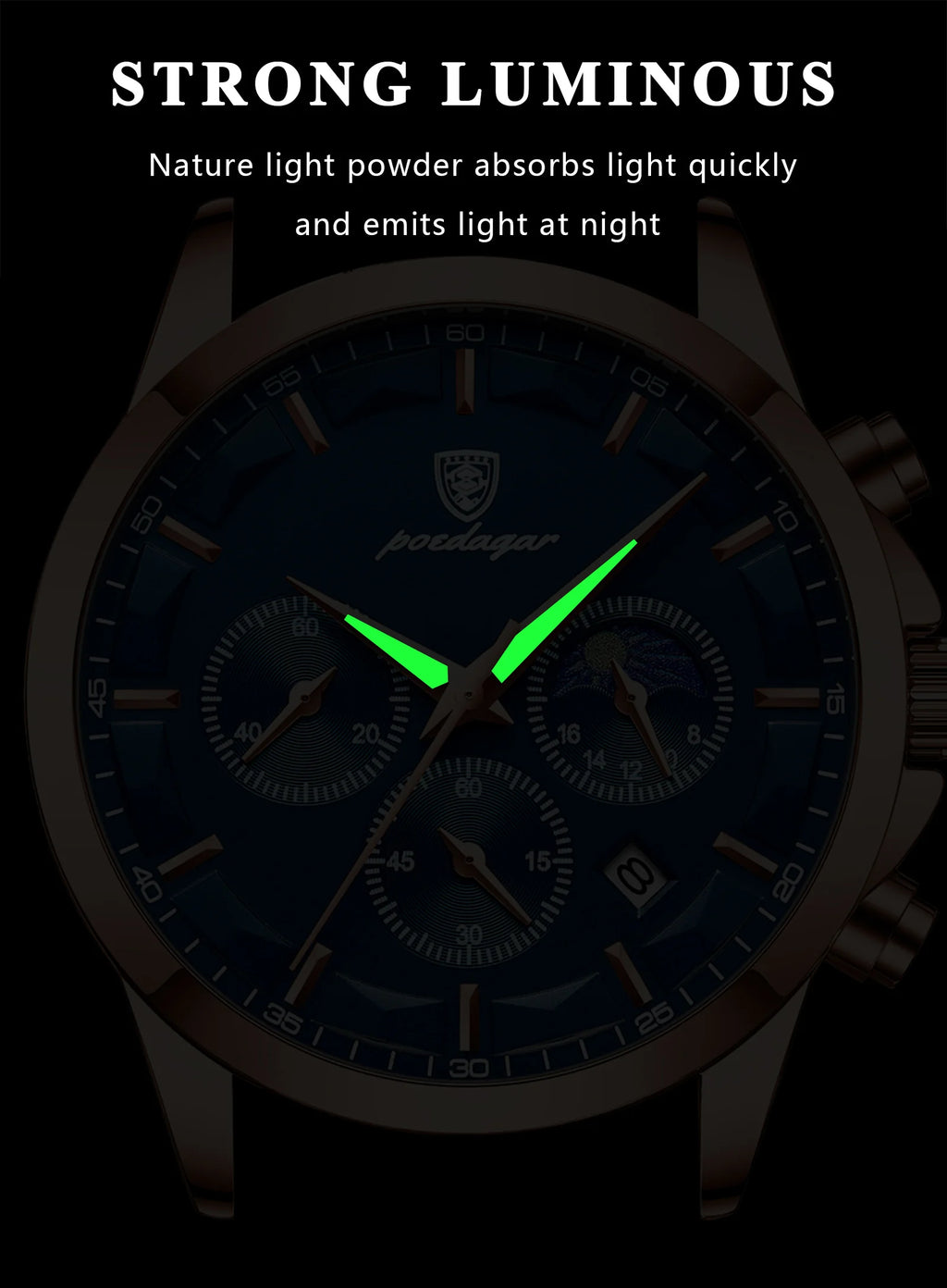 Moon Phase Full Calendar Watch – Luminous Dial with Stainless Steel Bracelet