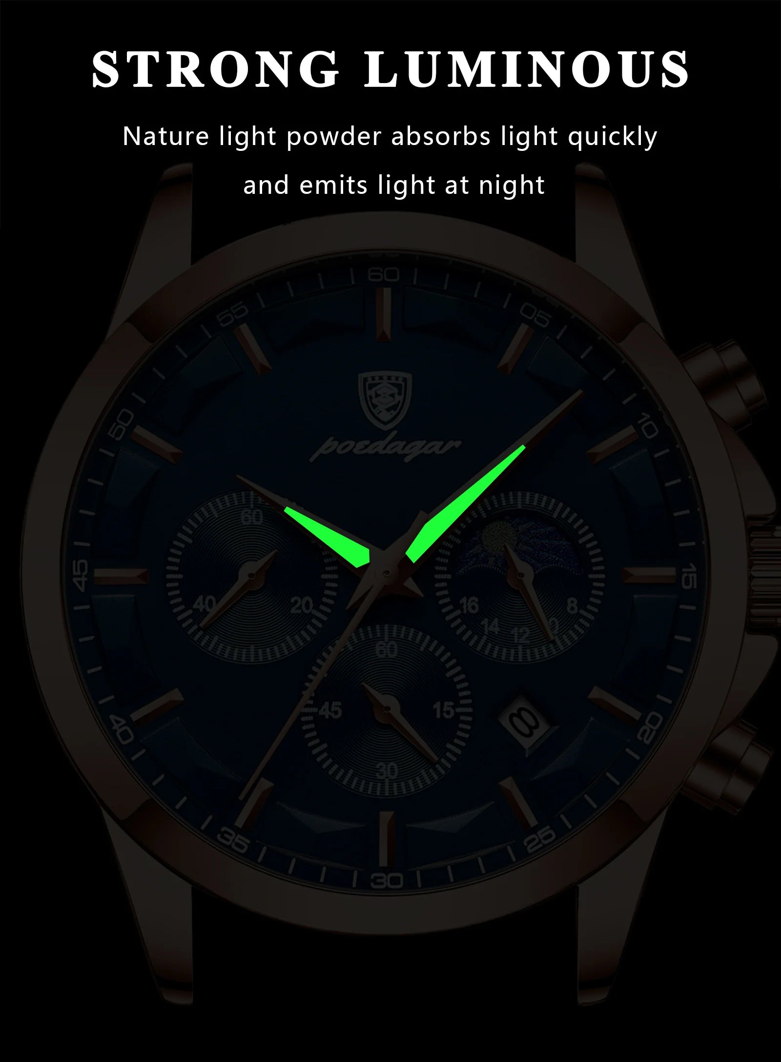 Moon Phase Full Calendar Watch – Luminous Dial with Stainless Steel Bracelet