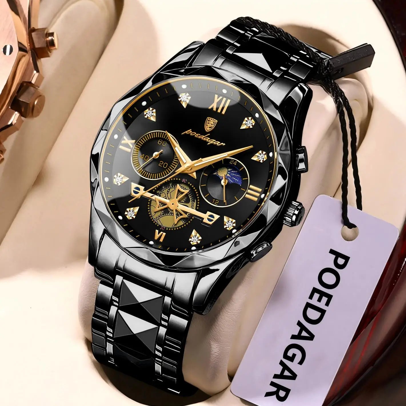 Round Chronograph Watch – Roman Numeral Dial with Hidden Clasp Bracelet