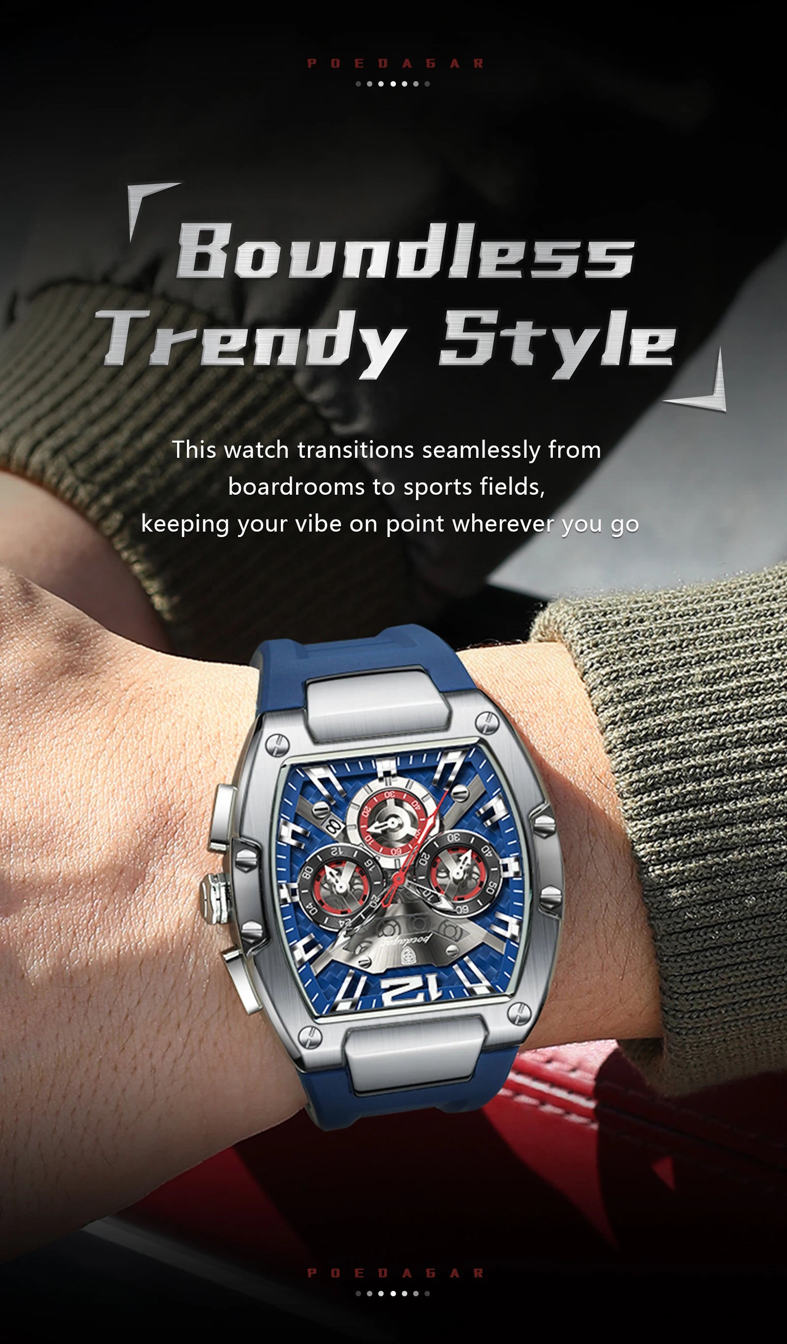 Tonneau Chronograph Watch – Luminous Arabic Dial with Silicone Strap