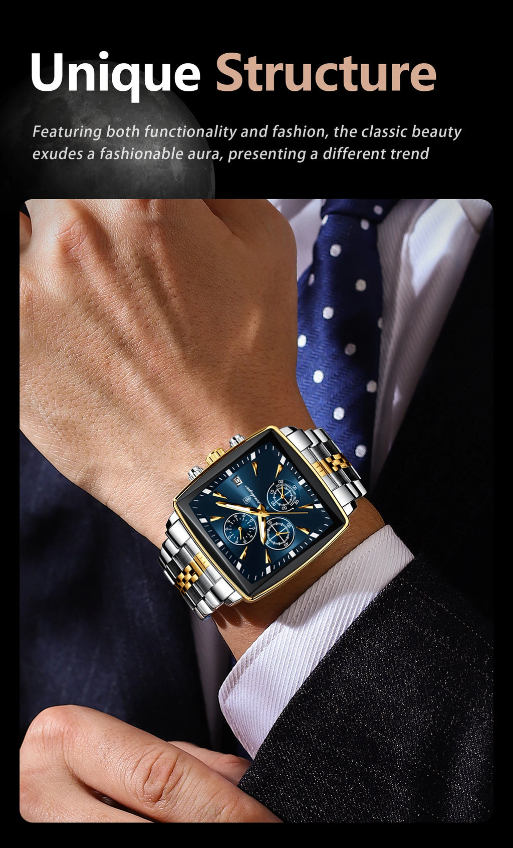 Square Chronograph Watch – Numberless Dial with Hidden Clasp Bracelet