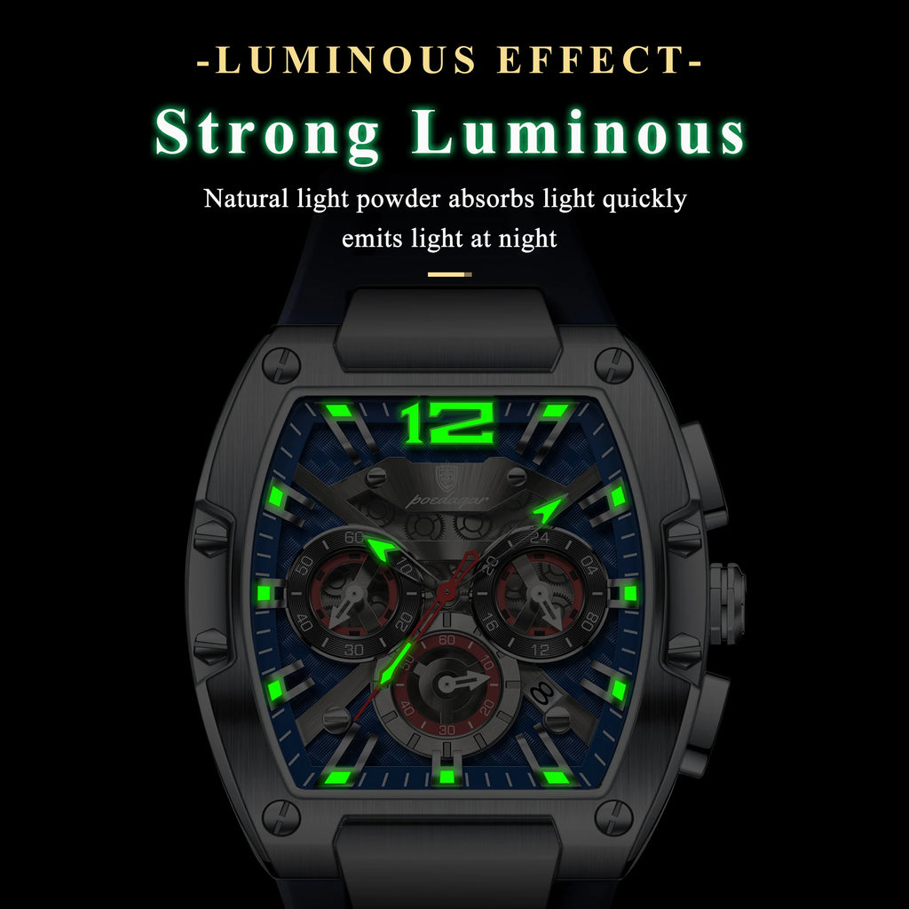 Tonneau Chronograph Watch – Luminous Arabic Dial with Silicone Strap