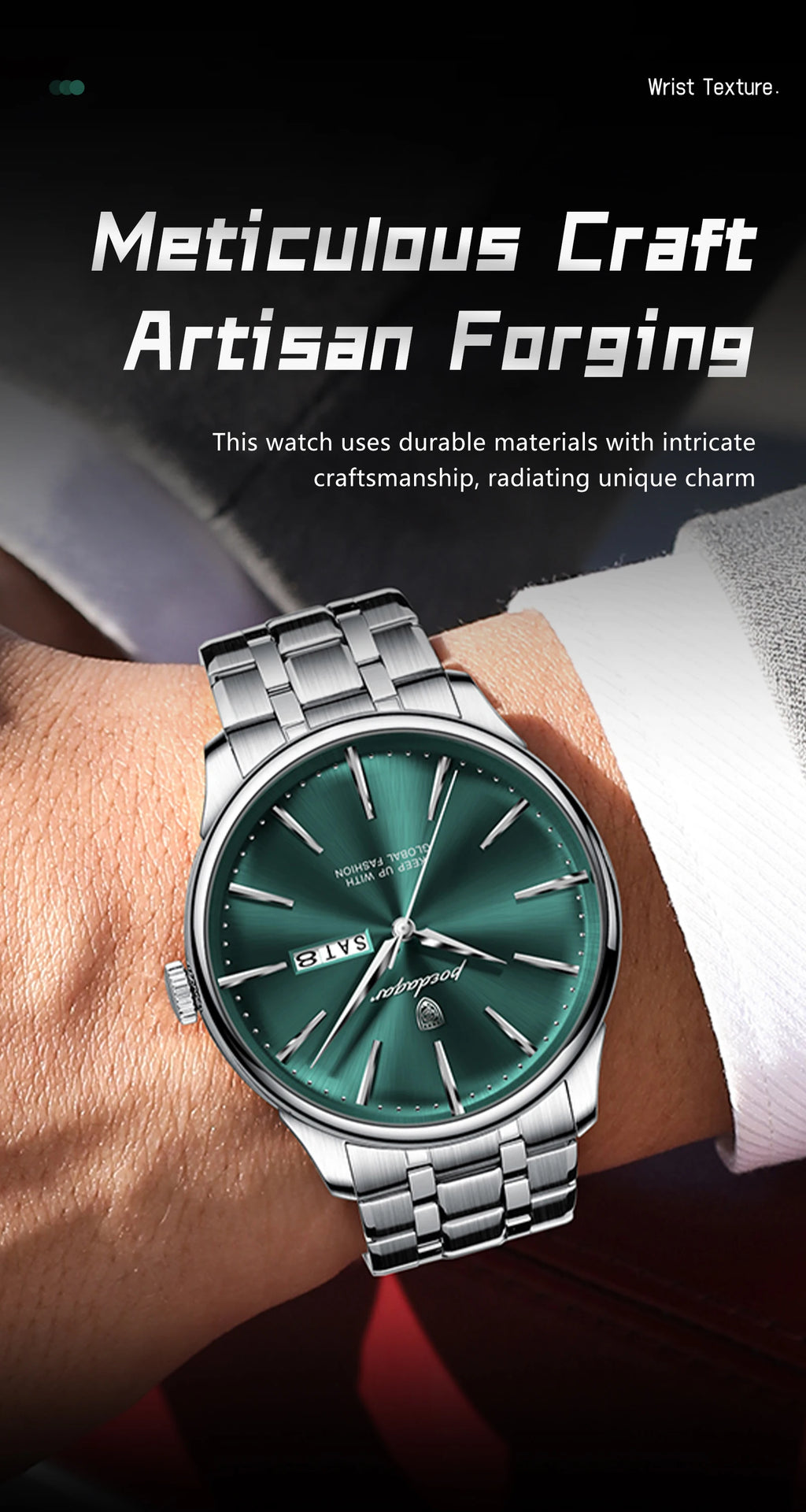 Full Calendar Stainless Steel Watch – Date & Week Display with Hidden Clasp