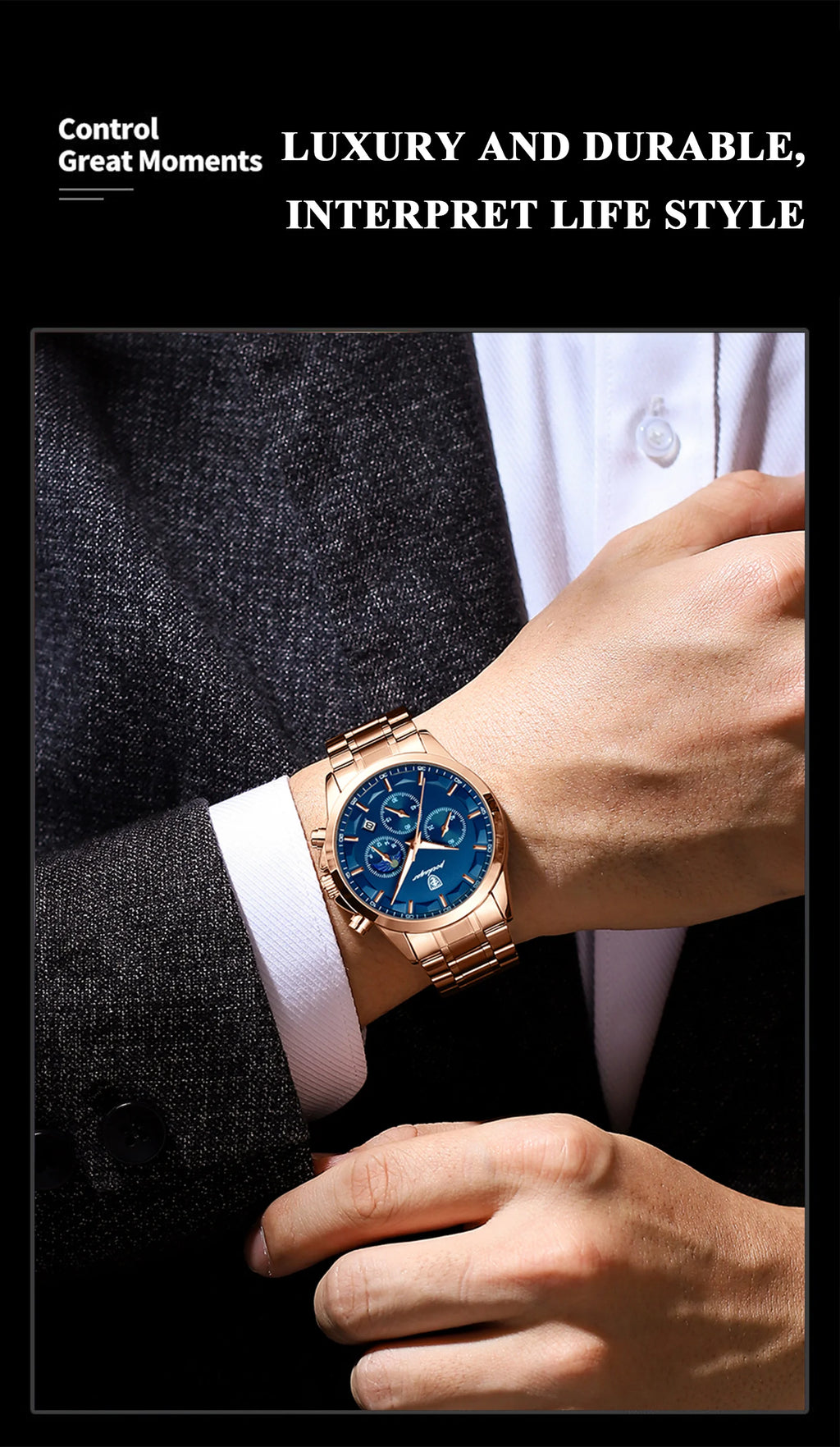 Moon Phase Full Calendar Watch – Luminous Dial with Stainless Steel Bracelet