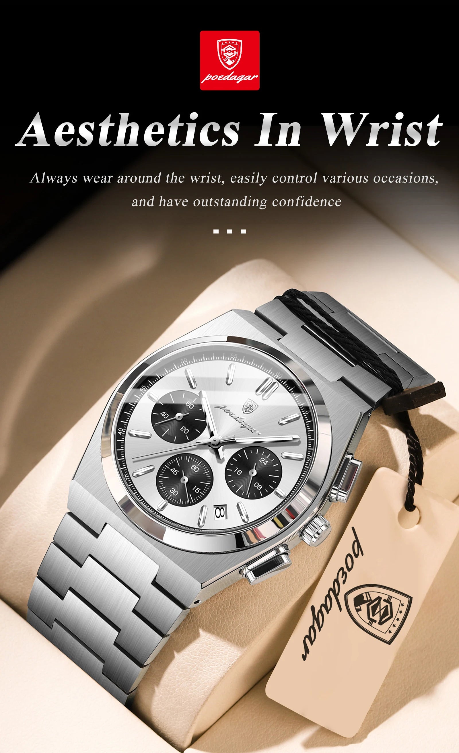 Chronograph Watch – Luminous Numberless Dial with Hidden Clasp