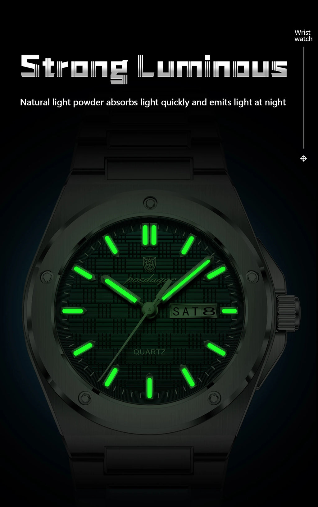 Full Calendar Business Watch – Luminous Stainless Steel with Hidden Clasp Bracelet