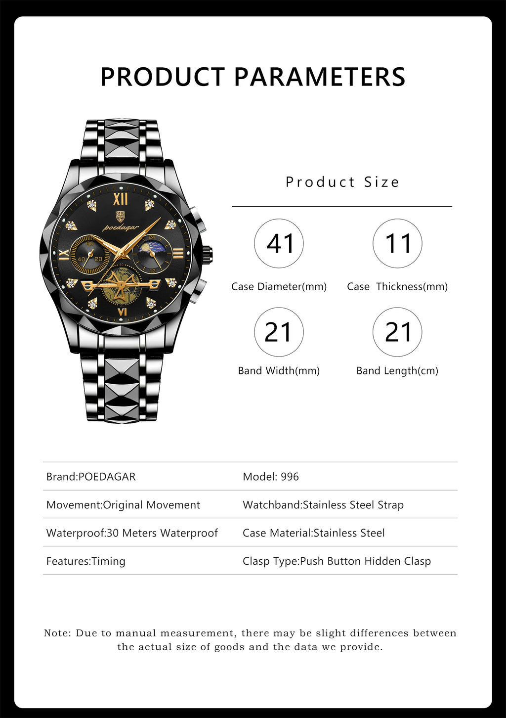 Round Chronograph Watch – Roman Numeral Dial with Hidden Clasp Bracelet