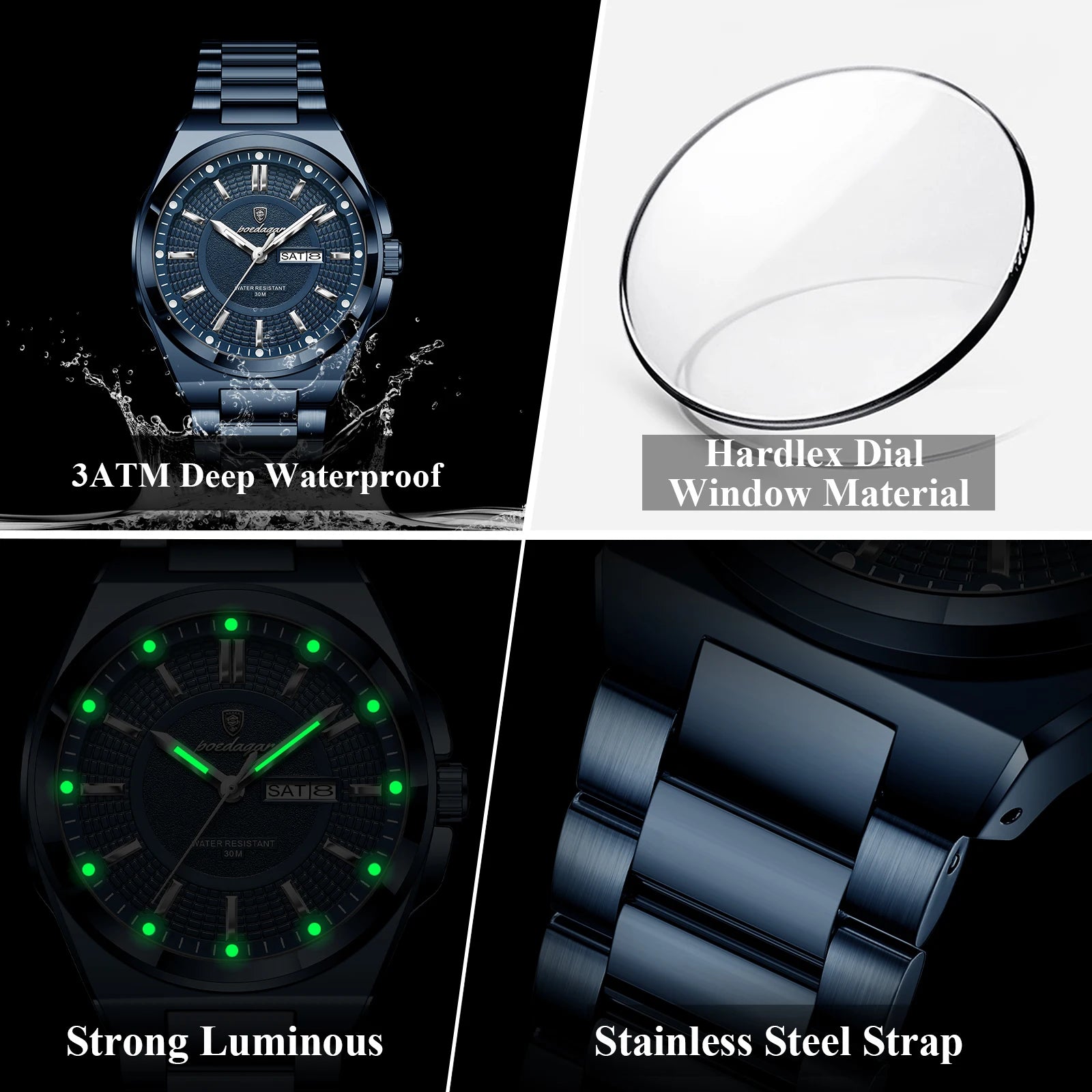 Full Calendar Sport Watch – Luminous Dial with Hidden Clasp Bracelet