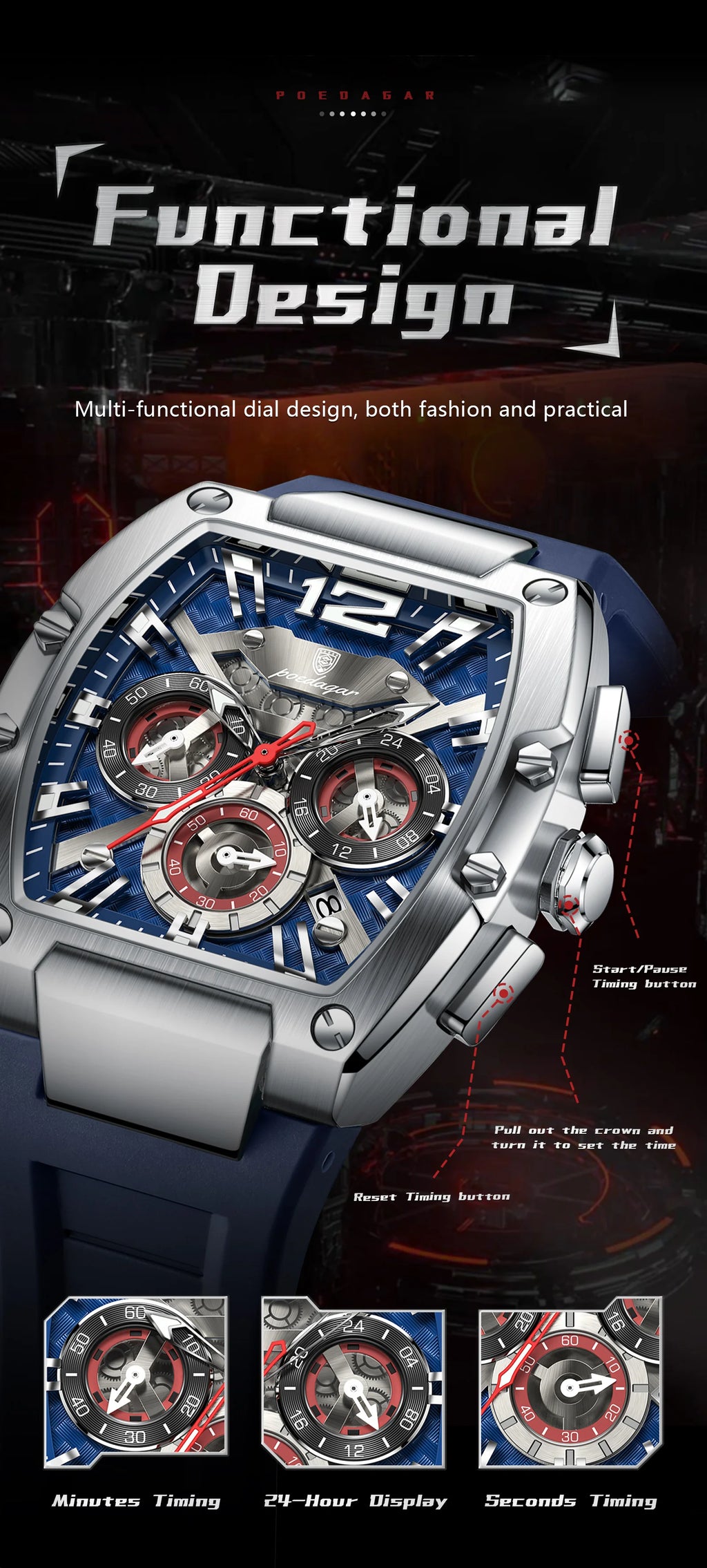 Tonneau Chronograph Watch – Luminous Arabic Dial with Silicone Strap