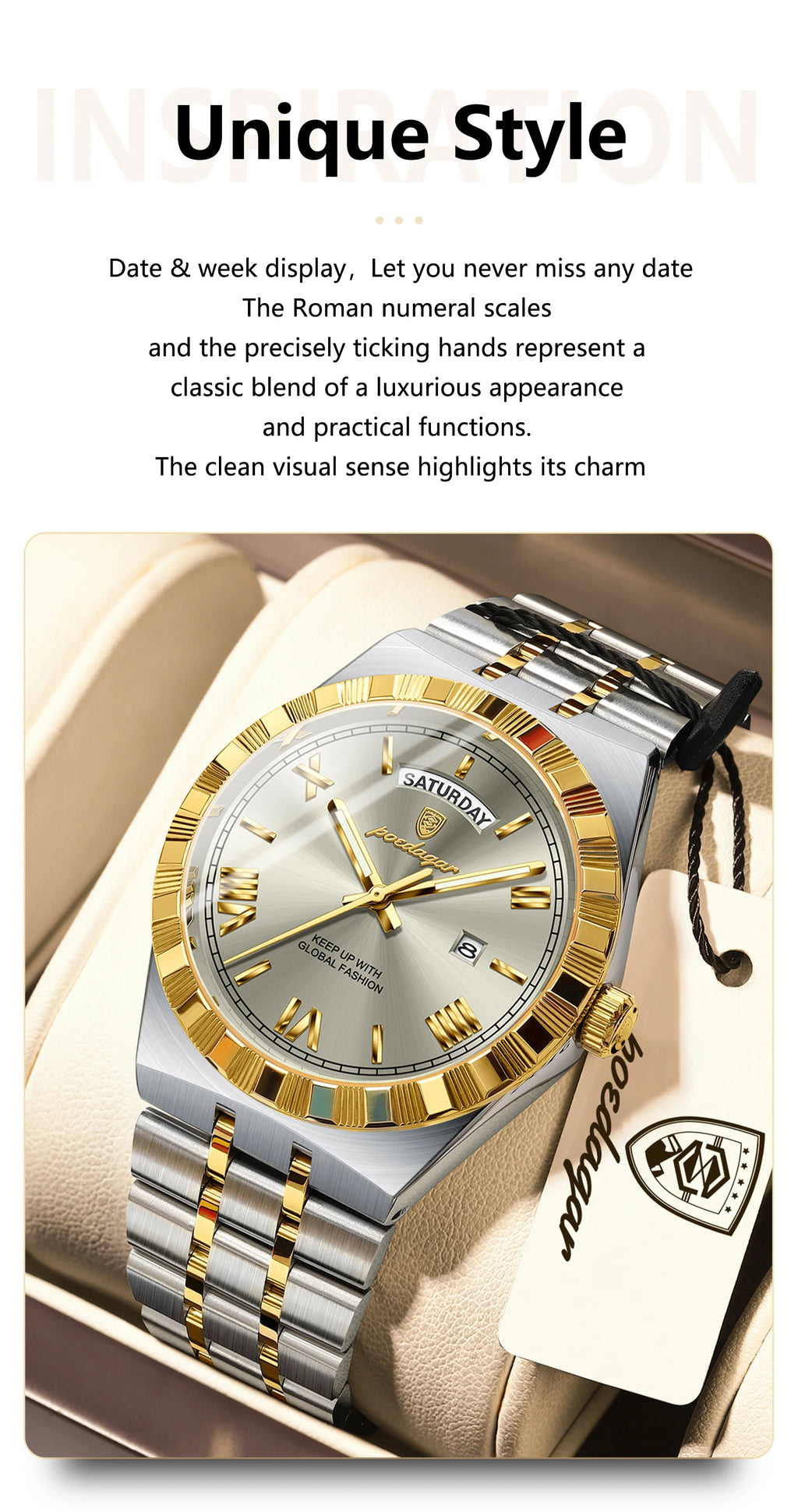 Full Calendar Business Watch – Roman Numeral Dial with Hidden Clasp