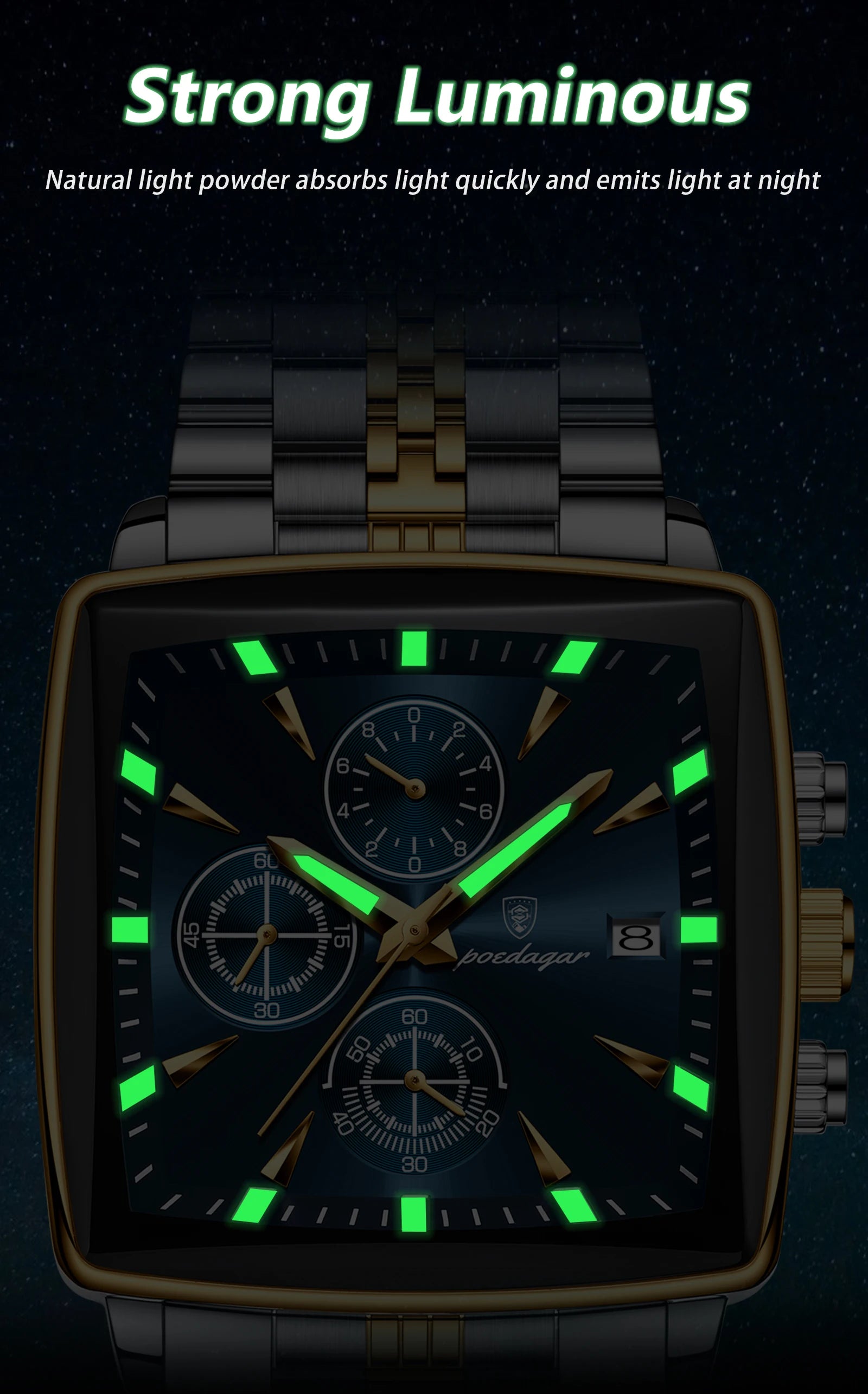Square Chronograph Watch – Numberless Dial with Hidden Clasp Bracelet
