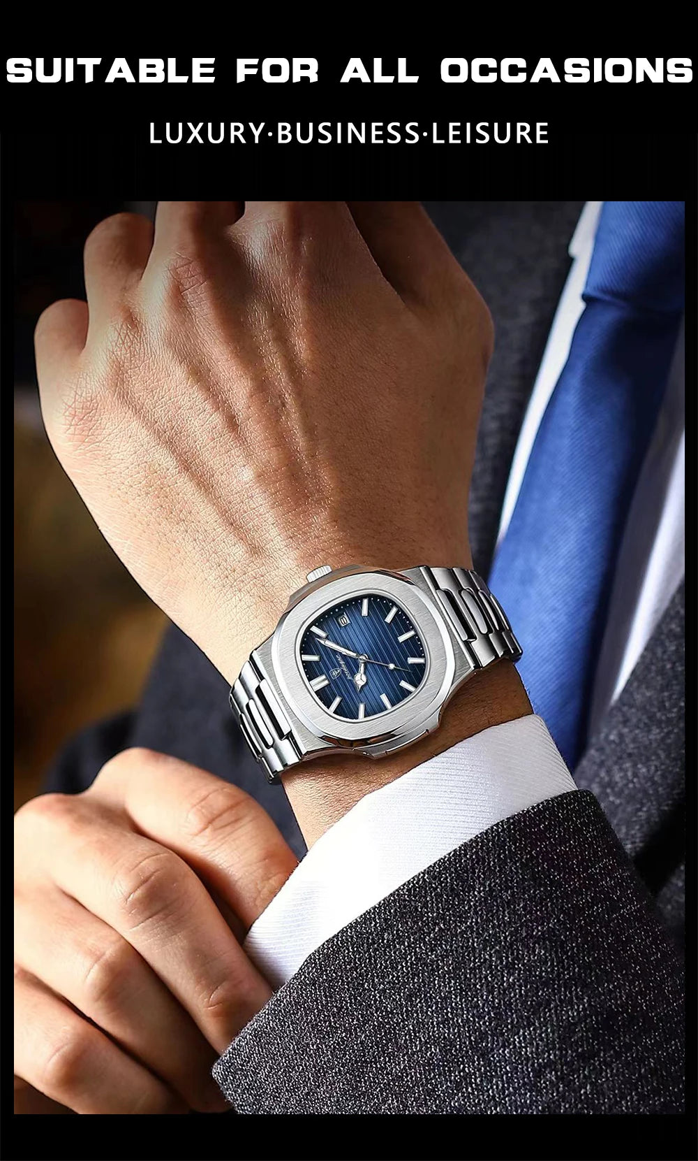 Square Business Watch – Luminous Numberless Dial with Hidden Clasp