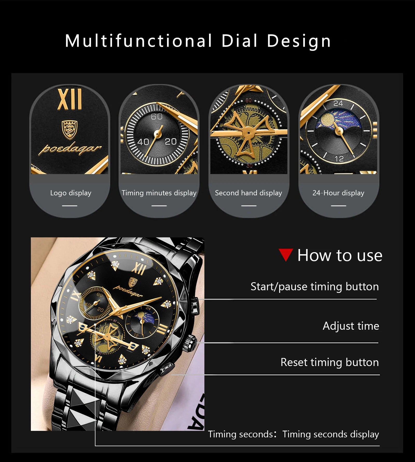 Round Chronograph Watch – Roman Numeral Dial with Hidden Clasp Bracelet
