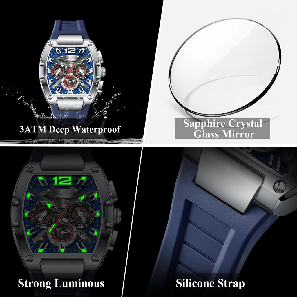 Tonneau Chronograph Watch – Luminous Arabic Dial with Silicone Strap