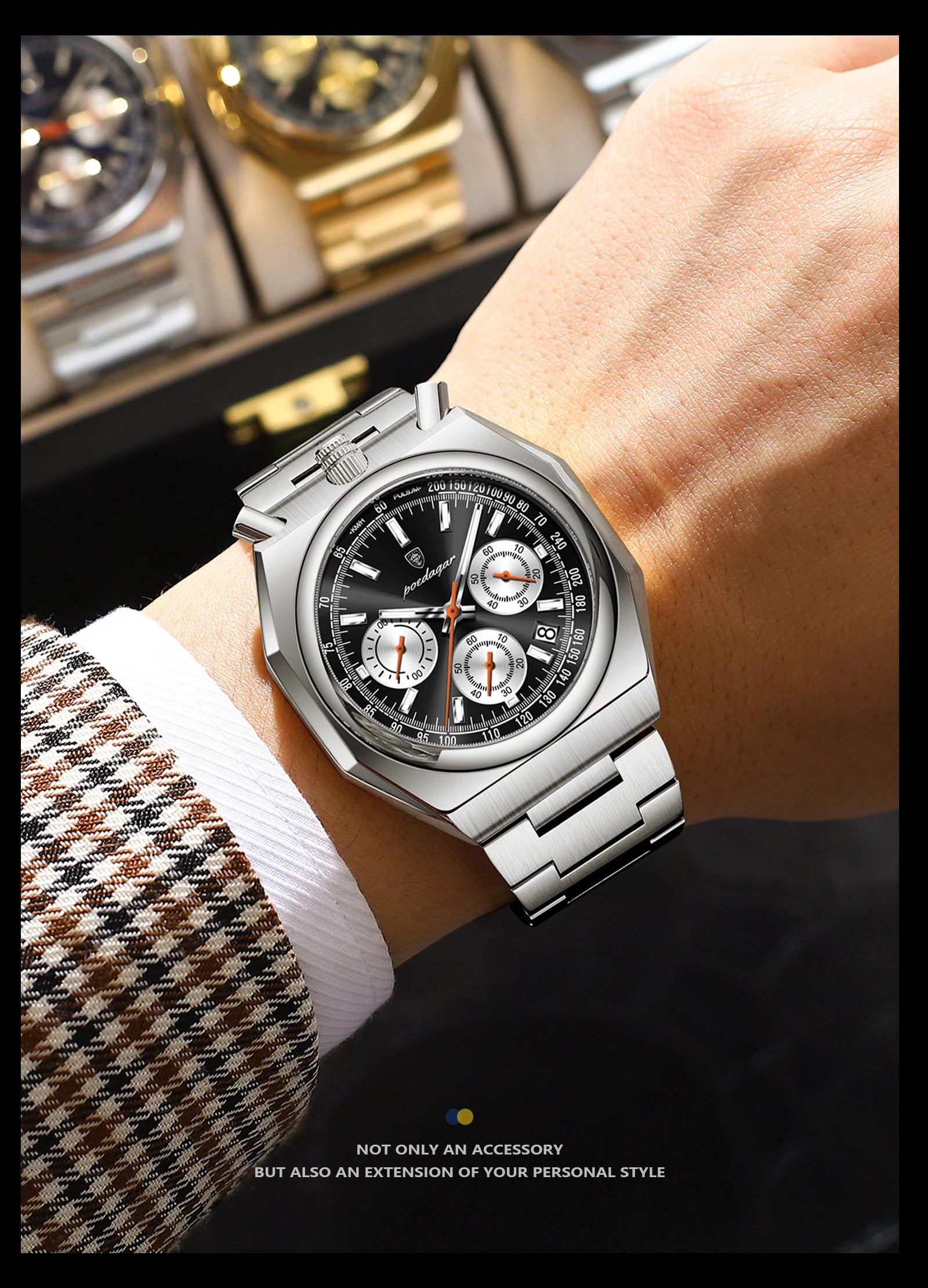 Irregular Chronograph Watch – Bold Numberless Dial with Hidden Clasp Bracelet