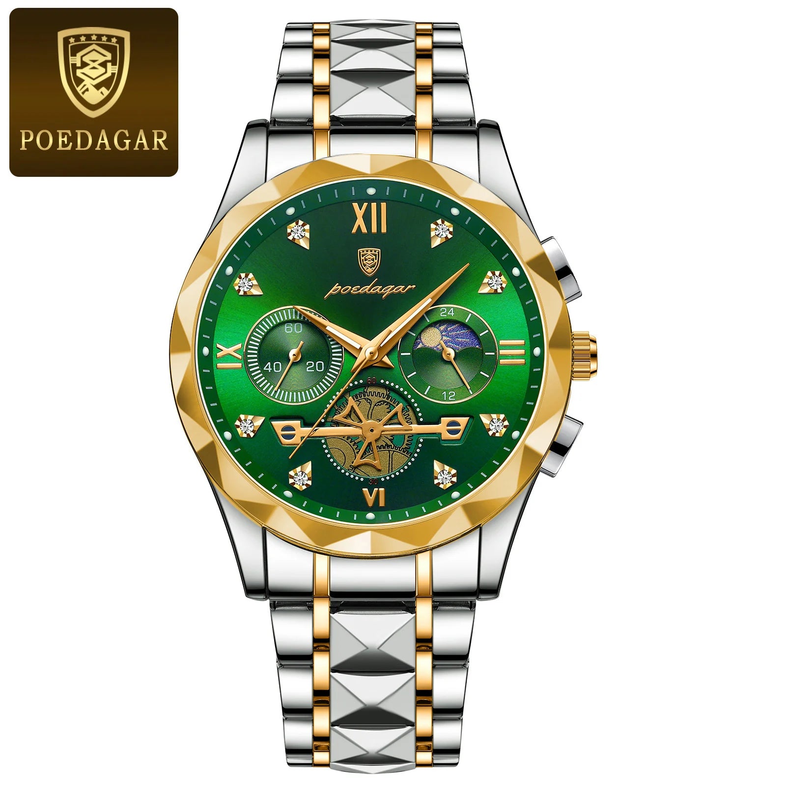 Round Chronograph Watch – Roman Numeral Dial with Hidden Clasp Bracelet