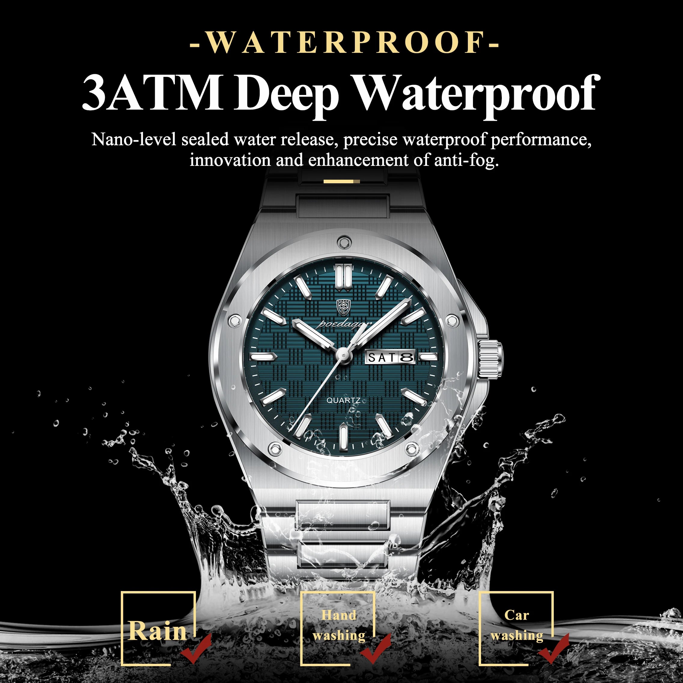 Full Calendar Business Watch – Luminous Stainless Steel with Hidden Clasp Bracelet