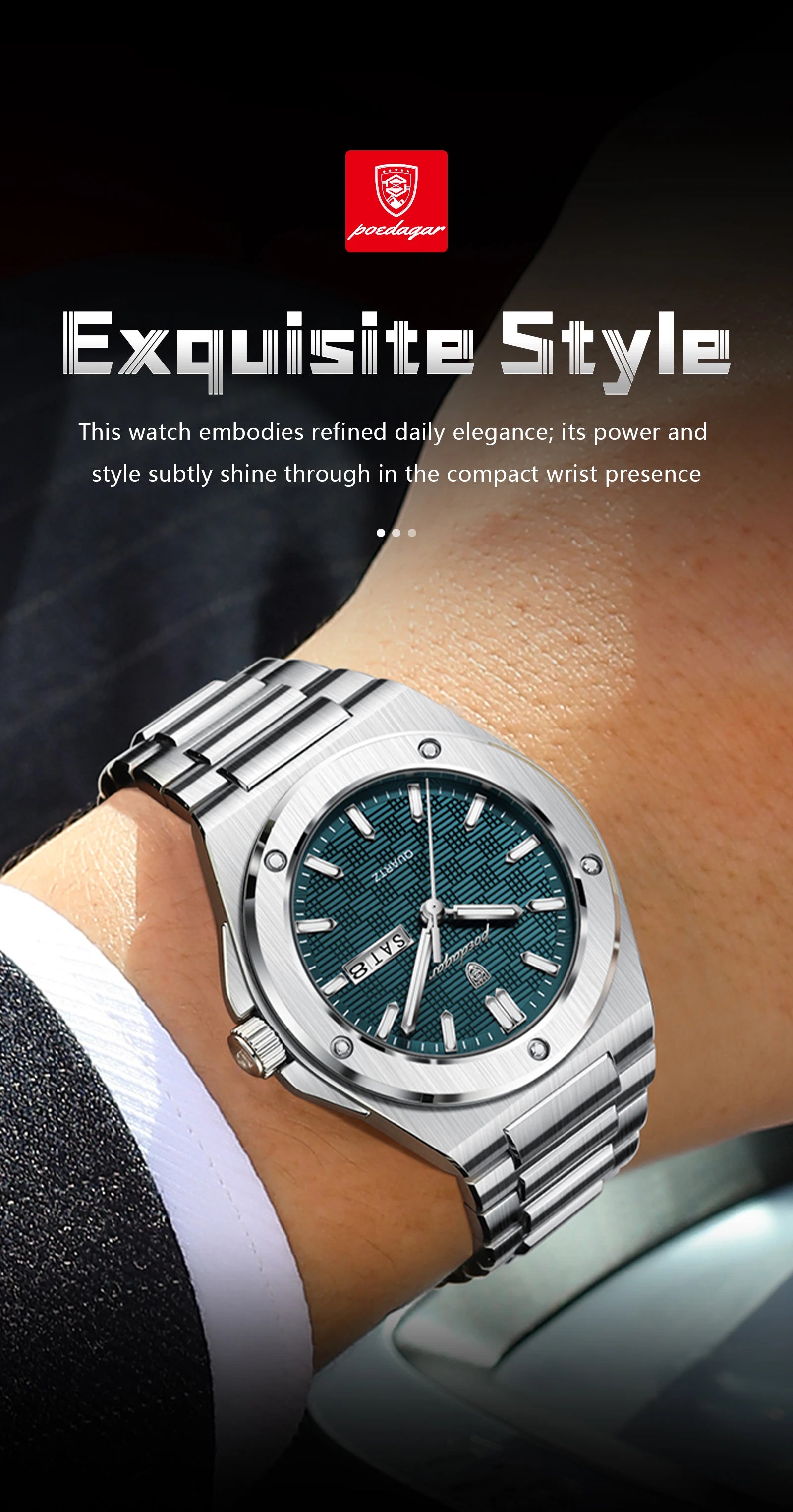 Full Calendar Business Watch – Luminous Stainless Steel with Hidden Clasp Bracelet