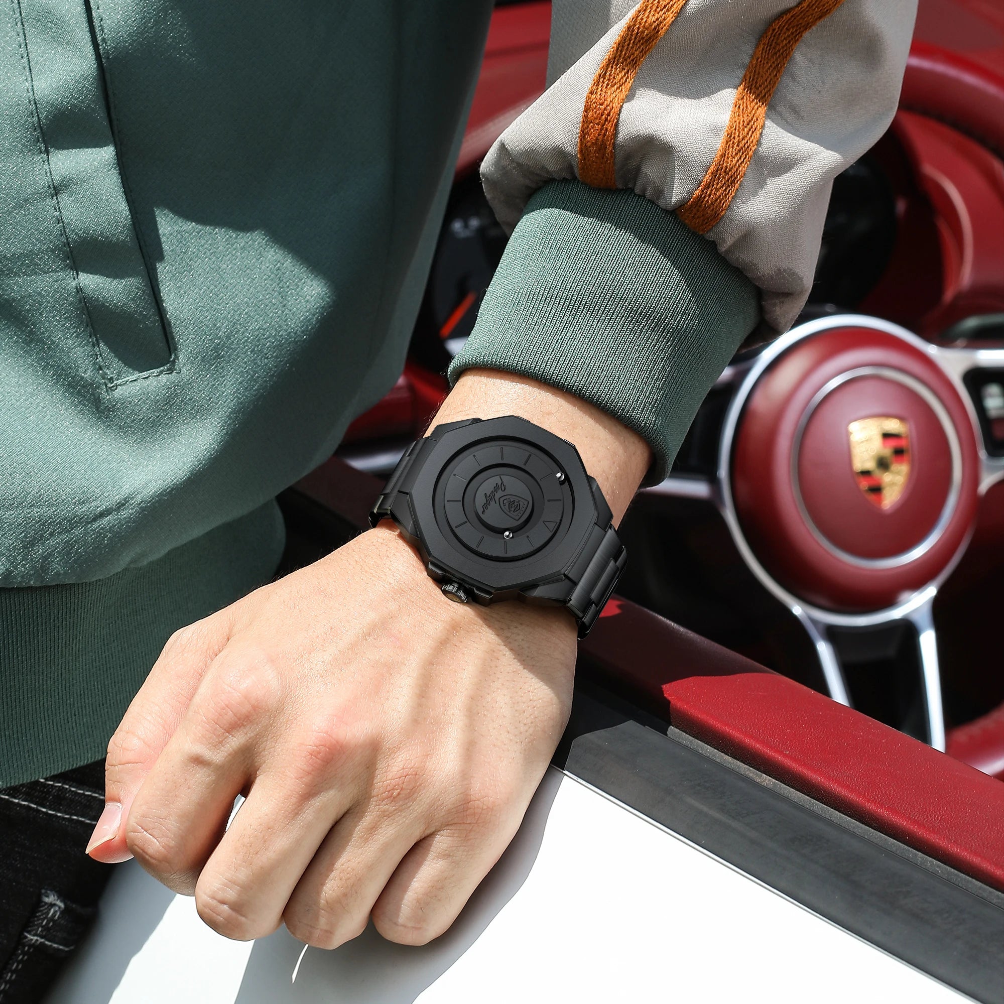 Sculpted Irregular Sport Watch – Large Numberless Dial with Hidden Clasp Bracelet