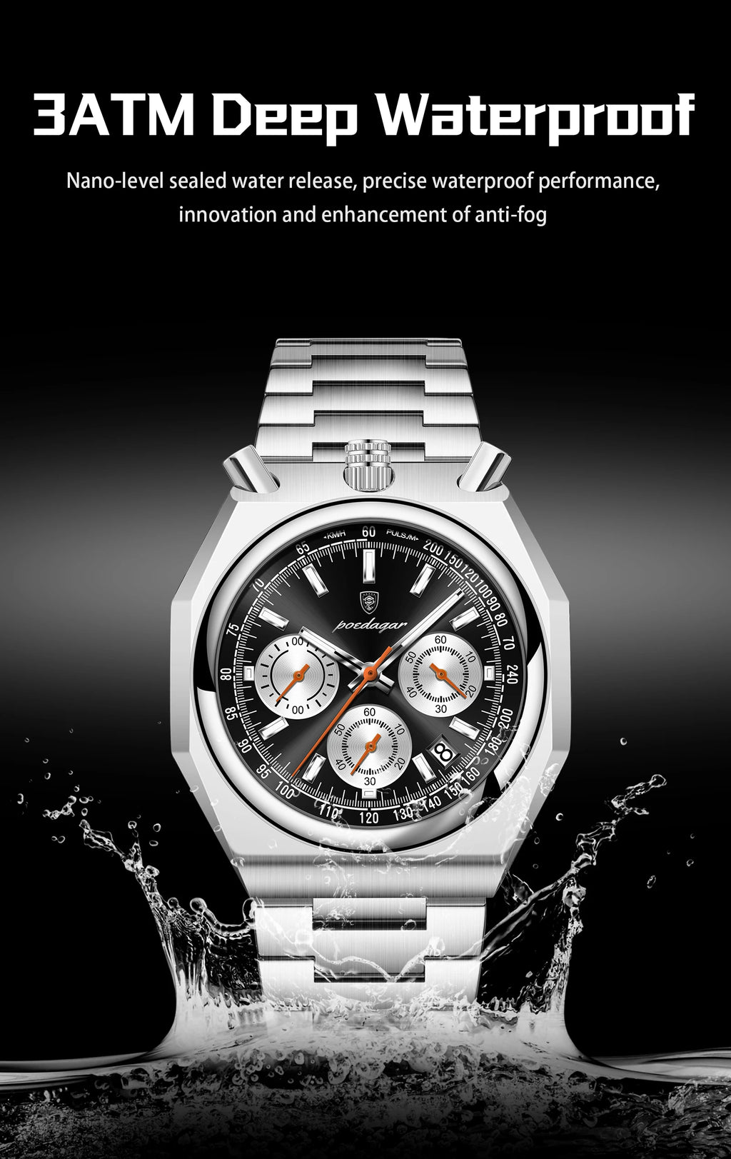 Irregular Chronograph Watch – Bold Numberless Dial with Hidden Clasp Bracelet