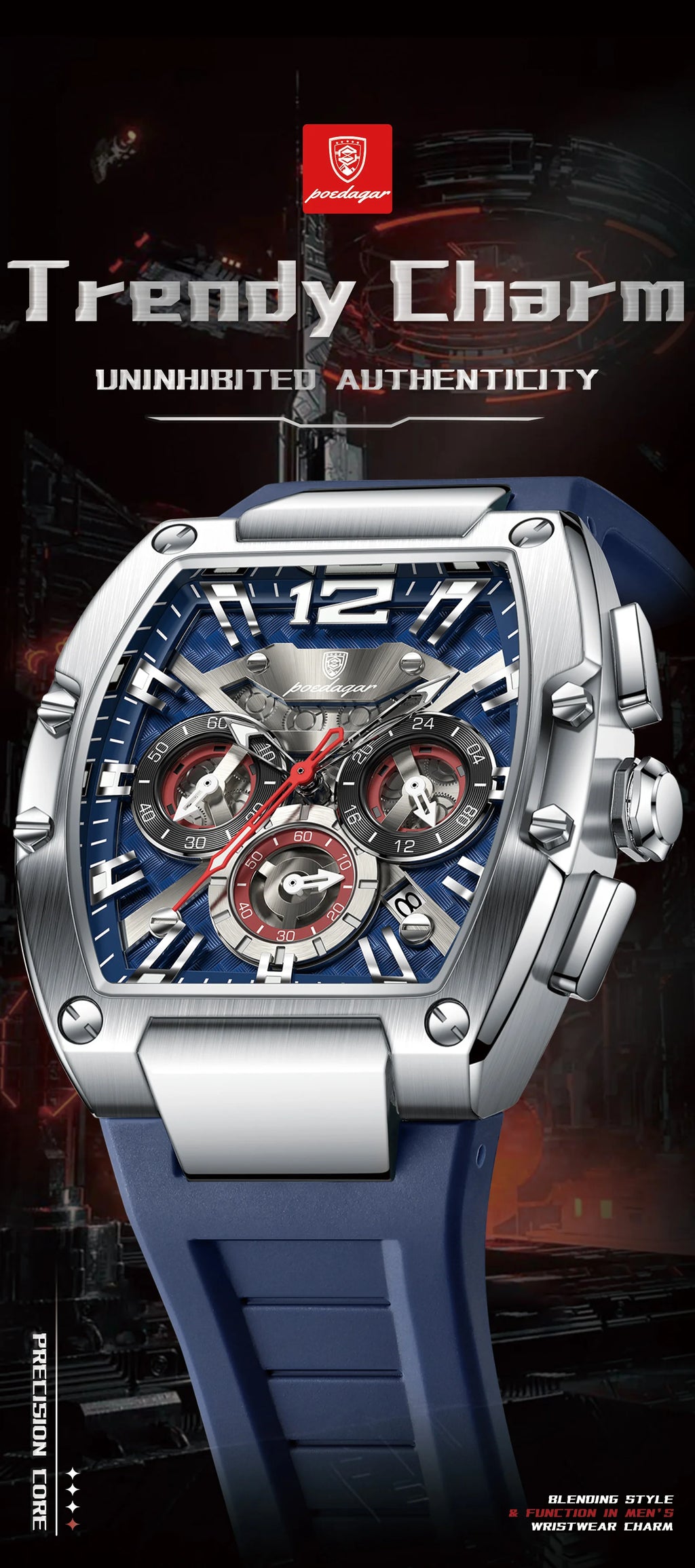 Bold Tonneau Timepiece – Luminous Chronograph with Premium Silicone Strap