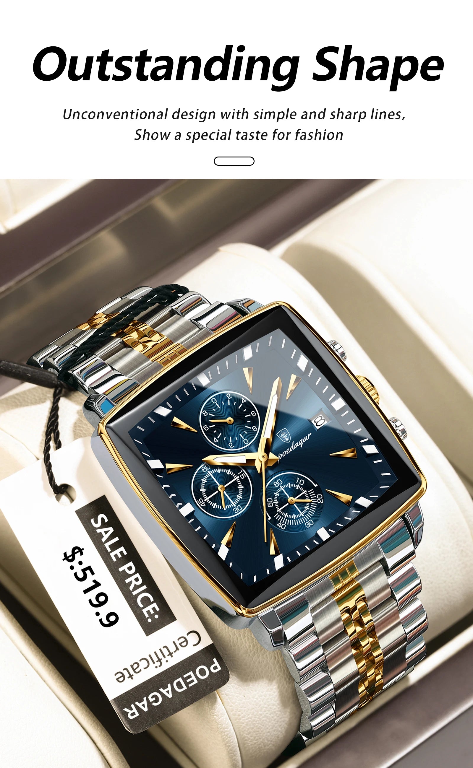 Square Chronograph Watch – Numberless Dial with Hidden Clasp Bracelet