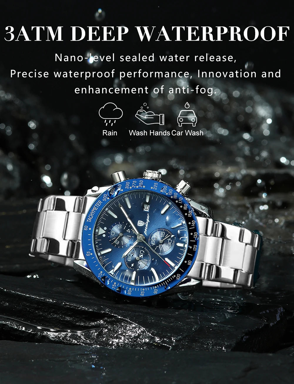Dress Chronograph Watch – Luminous Dial with Safety Clasp Bracelet