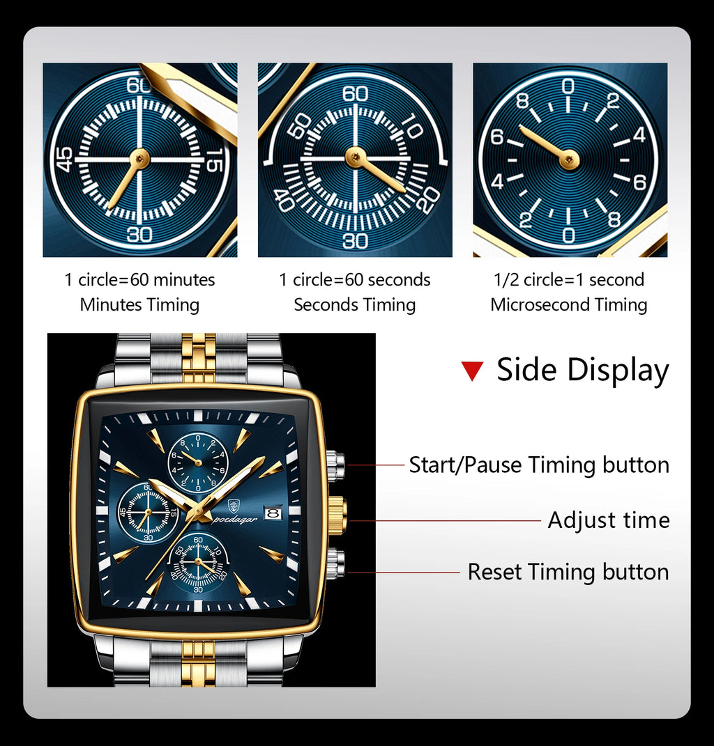 Square Chronograph Watch – Numberless Dial with Hidden Clasp Bracelet
