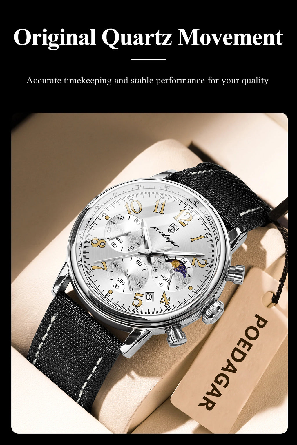 Classic Chronograph Watch – Luminous Arabic Dial with Nylon Strap