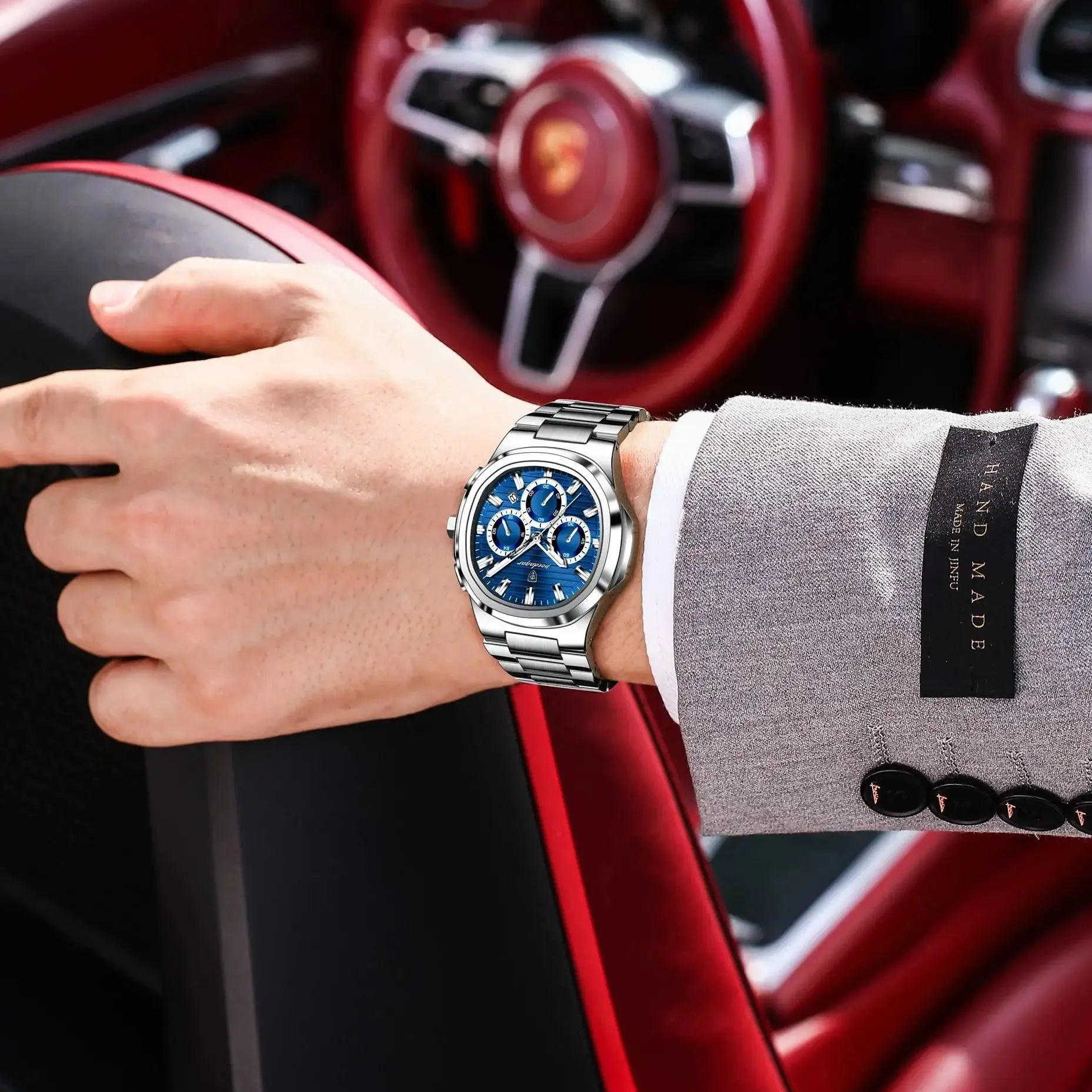 Square Chronograph Watch – Luxe Leather Strap with Luminous Dial & Date