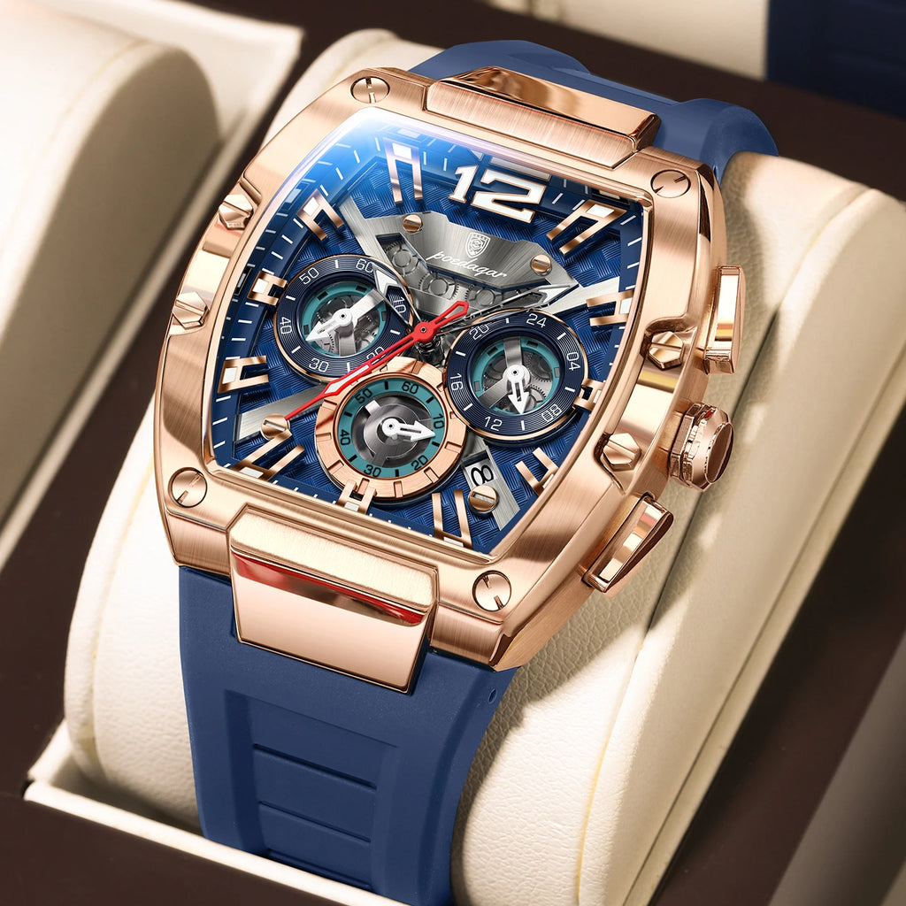Tonneau Chronograph Watch – Luminous Arabic Dial with Silicone Strap