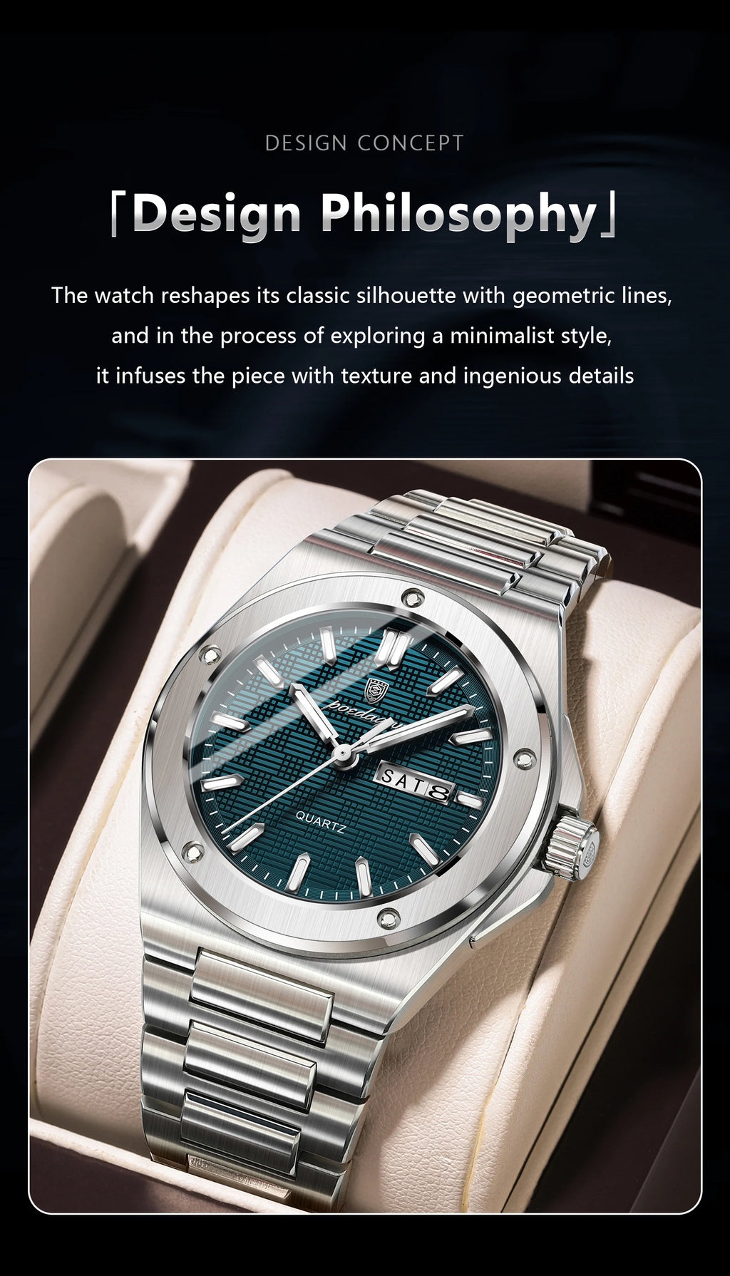 Full Calendar Business Watch – Luminous Stainless Steel with Hidden Clasp Bracelet