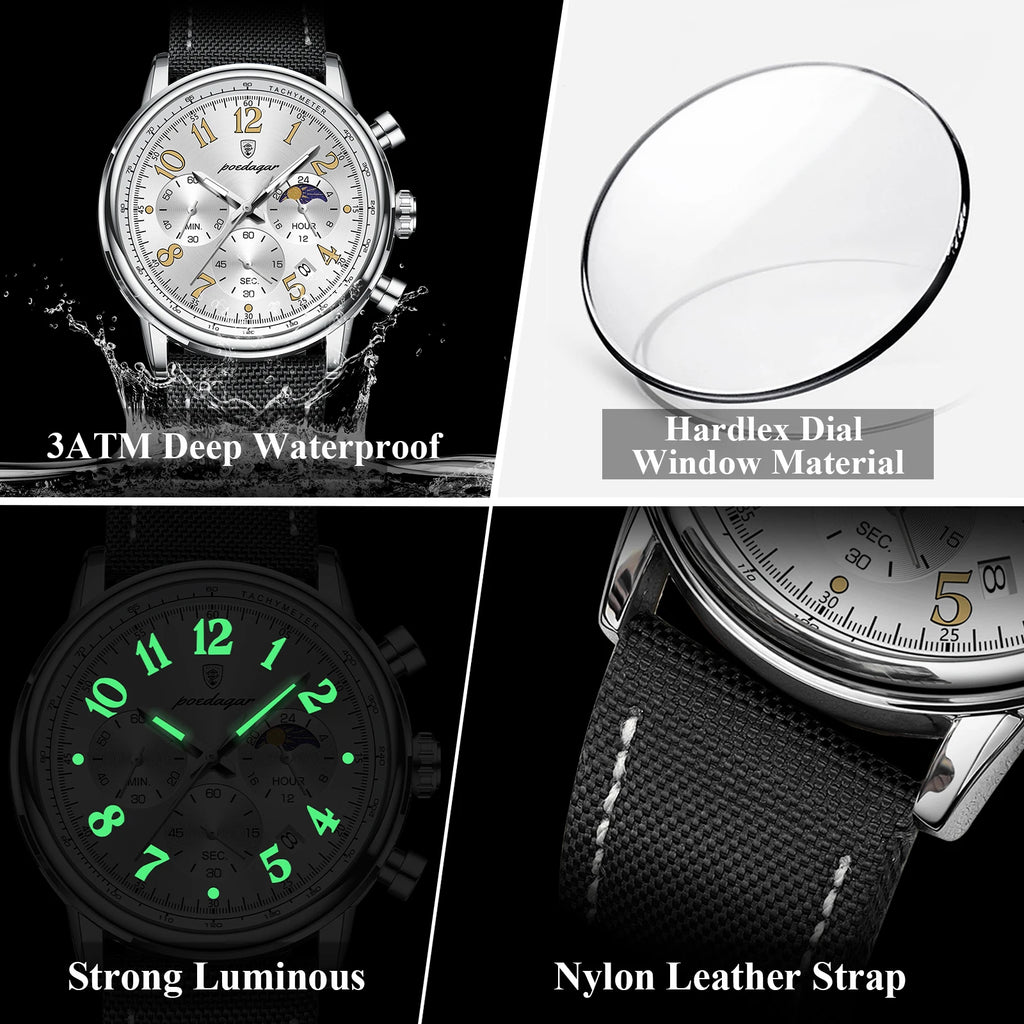 Classic Chronograph Watch – Luminous Arabic Dial with Nylon Strap