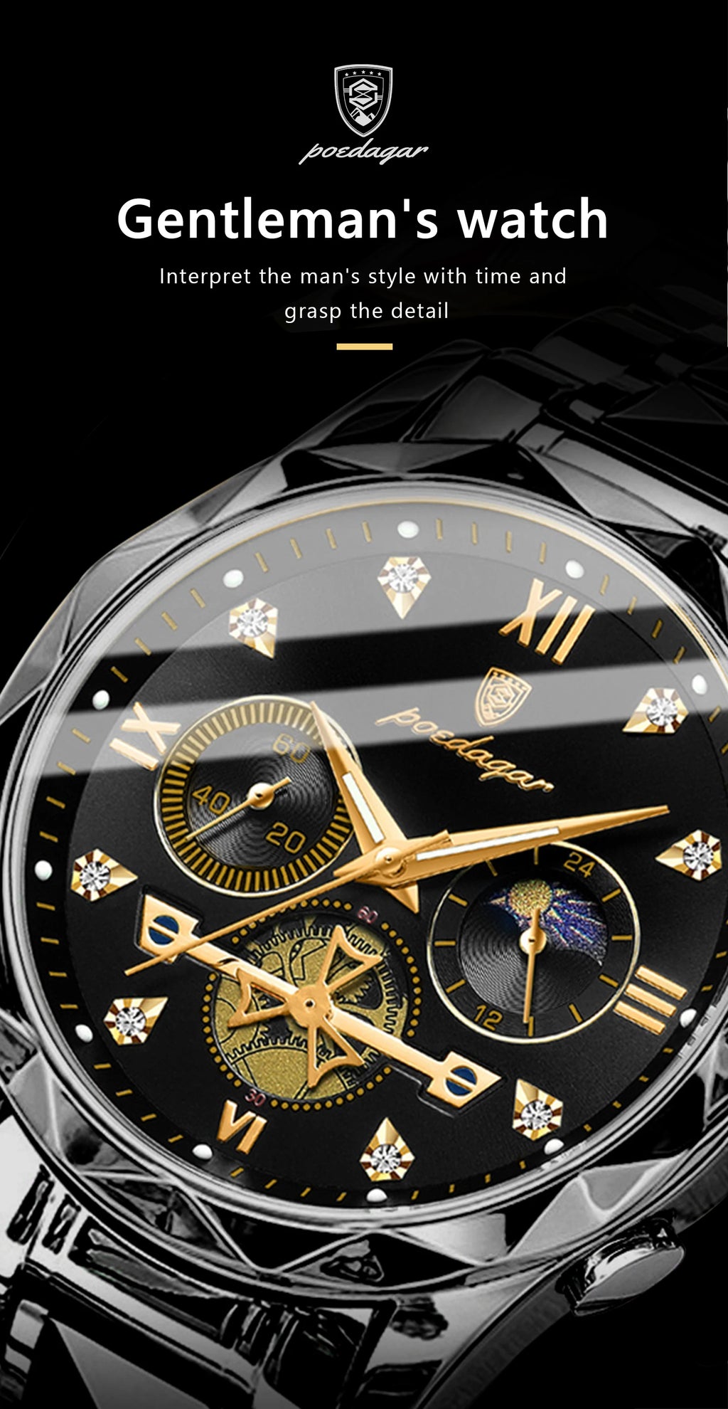 Round Chronograph Watch – Roman Numeral Dial with Hidden Clasp Bracelet