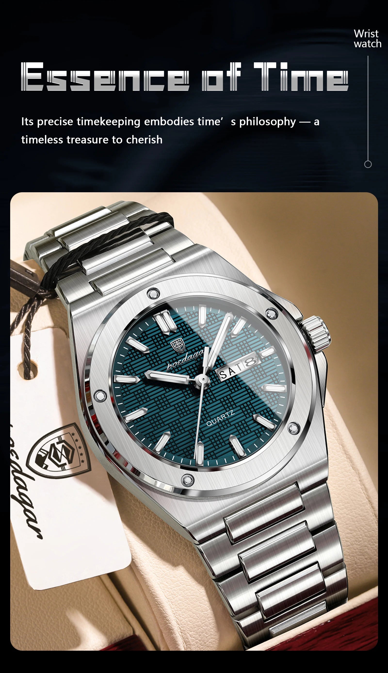 Full Calendar Business Watch – Luminous Stainless Steel with Hidden Clasp Bracelet