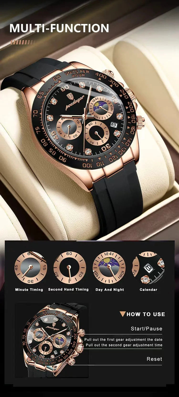 Chronograph Watch with Bamboo Strap – Luminous Dial & Date