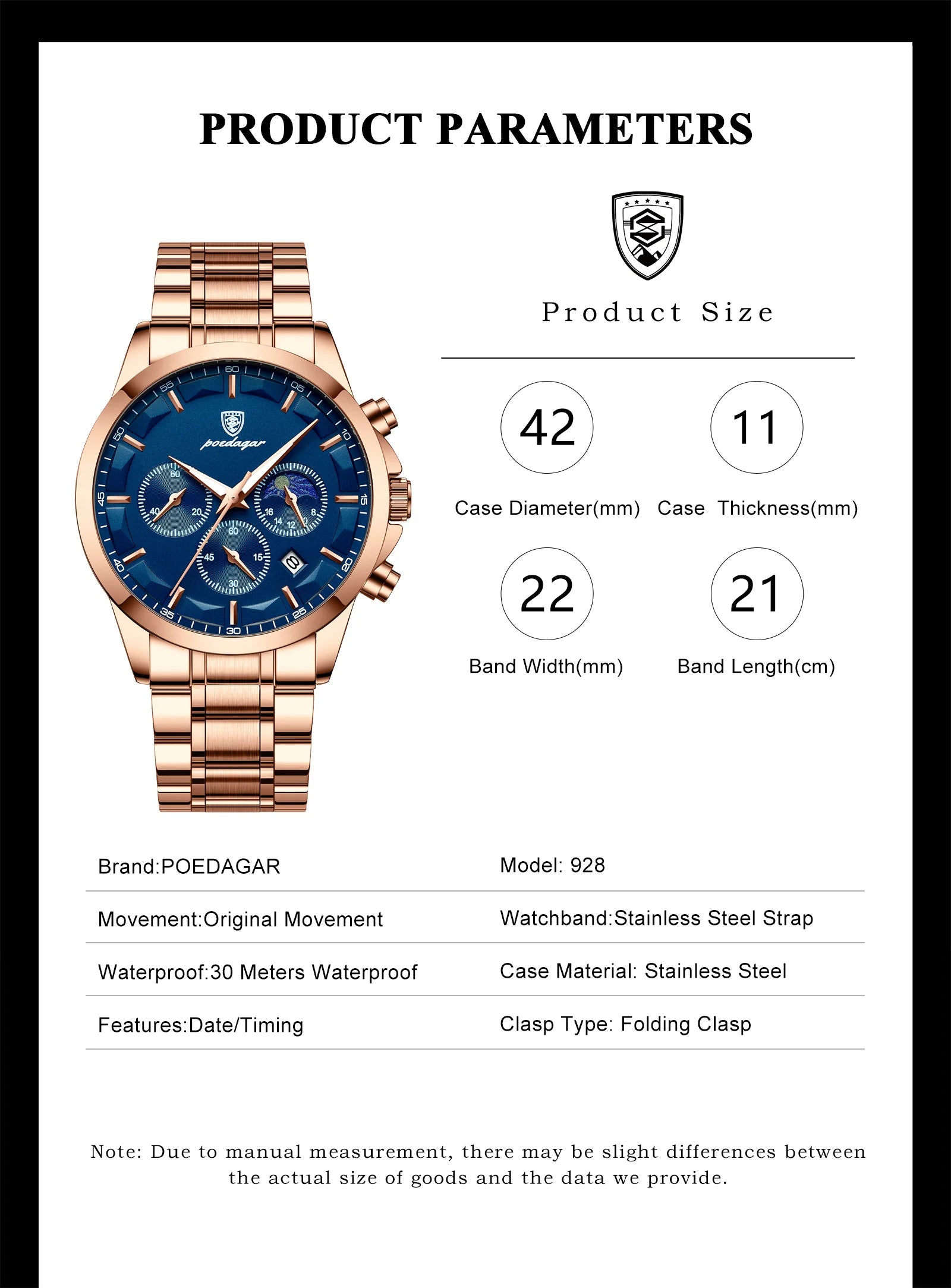 Moon Phase Full Calendar Watch – Luminous Dial with Stainless Steel Bracelet