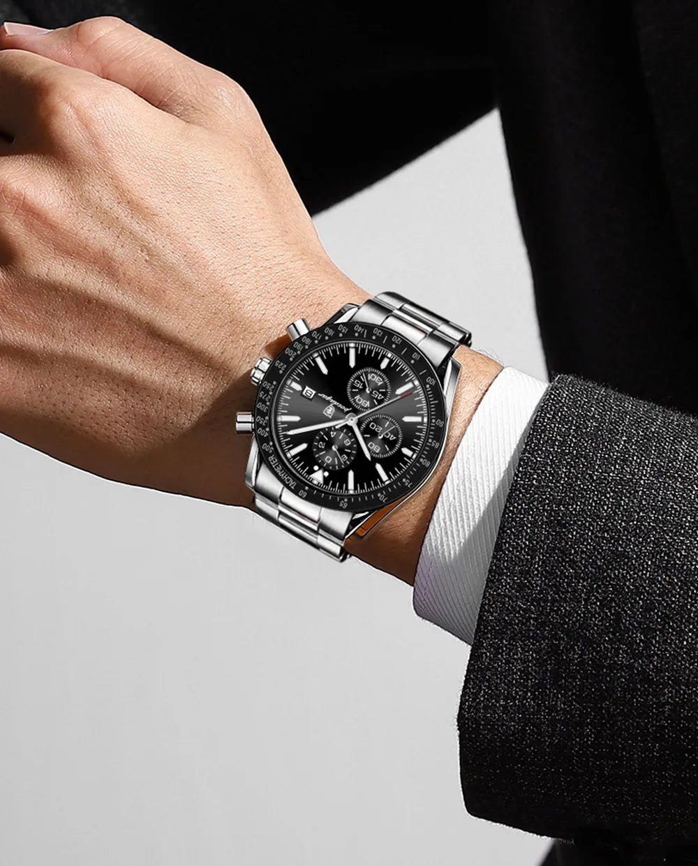 Dress Chronograph Watch – Luminous Dial with Safety Clasp Bracelet