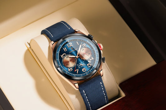 Chronograph Watch with Nylon Strap – Complete Calendar & Luminous Arabic Dial