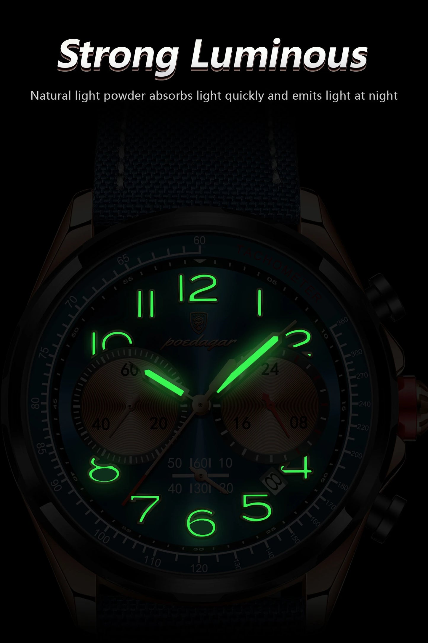 Chronograph Watch with Nylon Strap – Complete Calendar & Luminous Arabic Dial